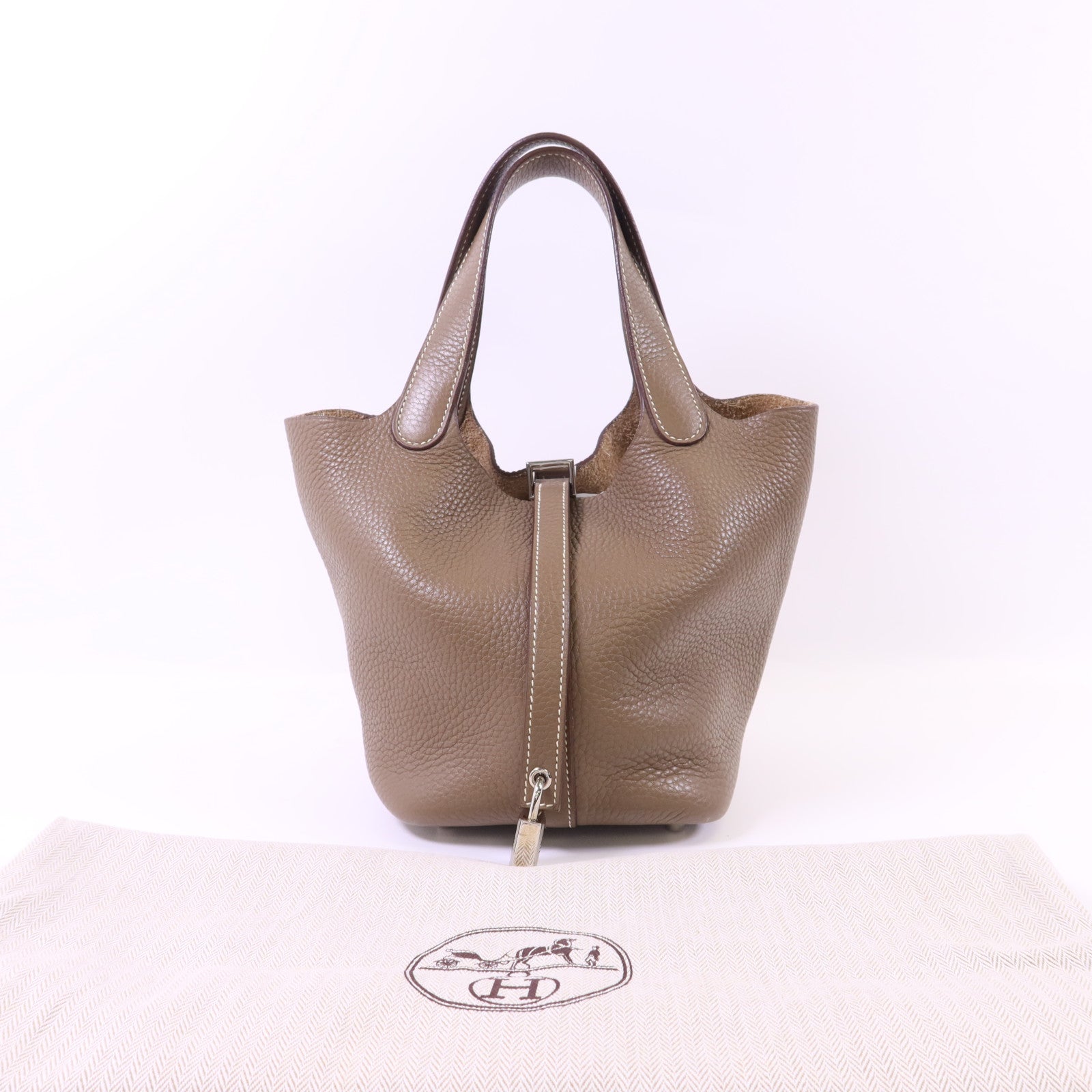 HERMES Clemence皮革Picotin PM銀扣手挽袋Etoupe