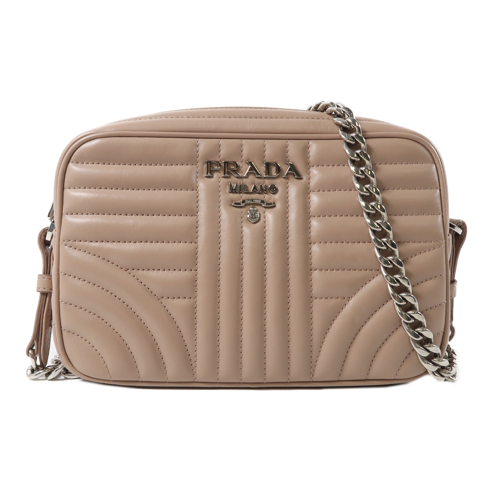 PRADA 牛皮皮革Shoulder Bag銀扣鏈帶肩背袋粉紅色