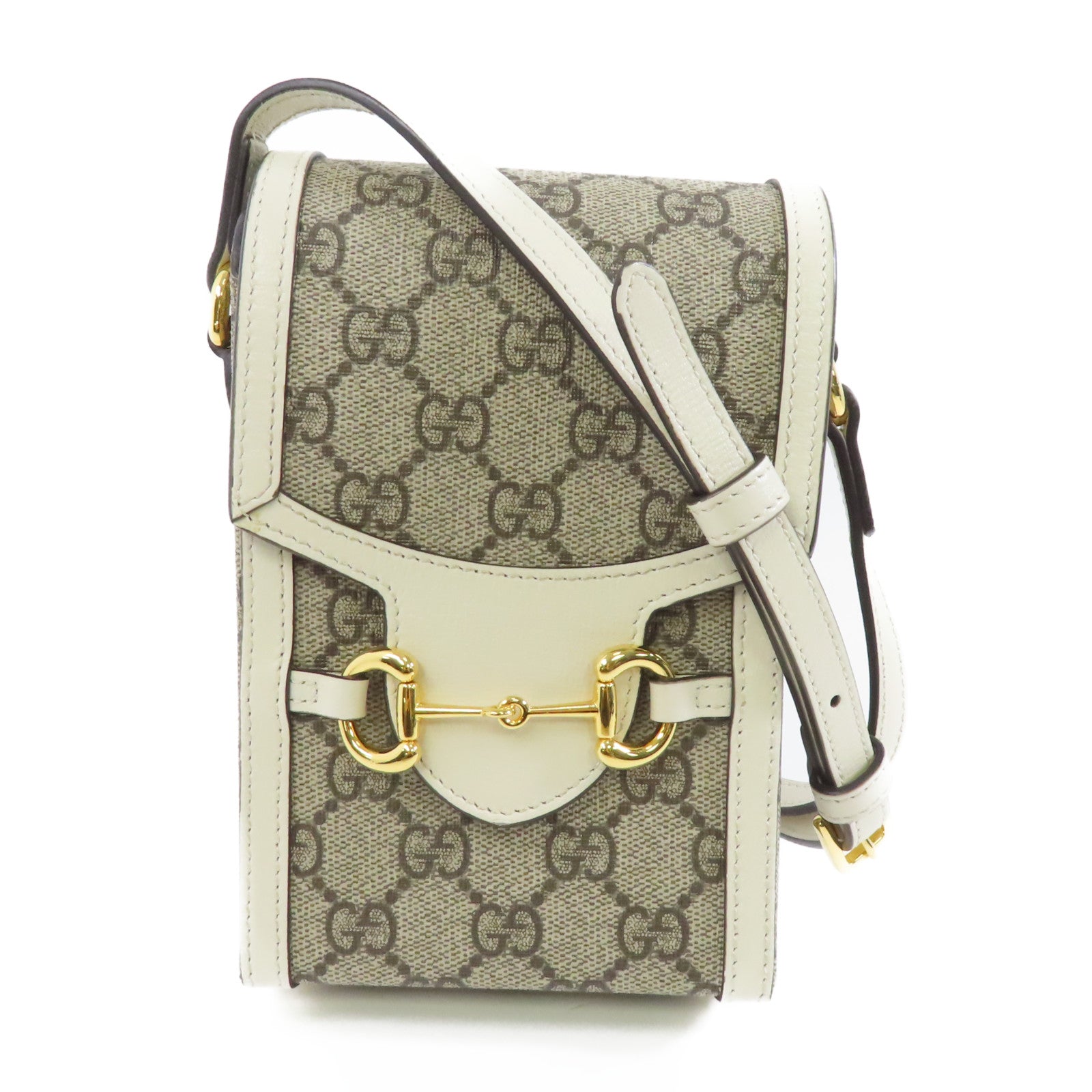 GUCCI 【激減優惠】塗層帆布GG Supreme Horsebit Mini金扣肩背袋啡色/白色