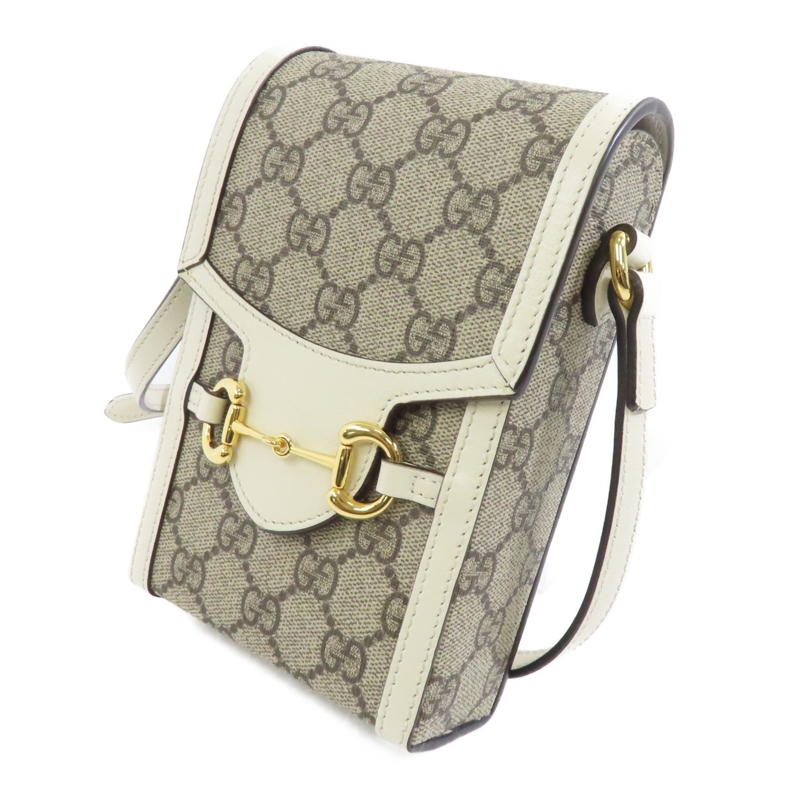 GUCCI 【激減優惠】塗層帆布GG Supreme Horsebit Mini金扣肩背袋啡色/白色
