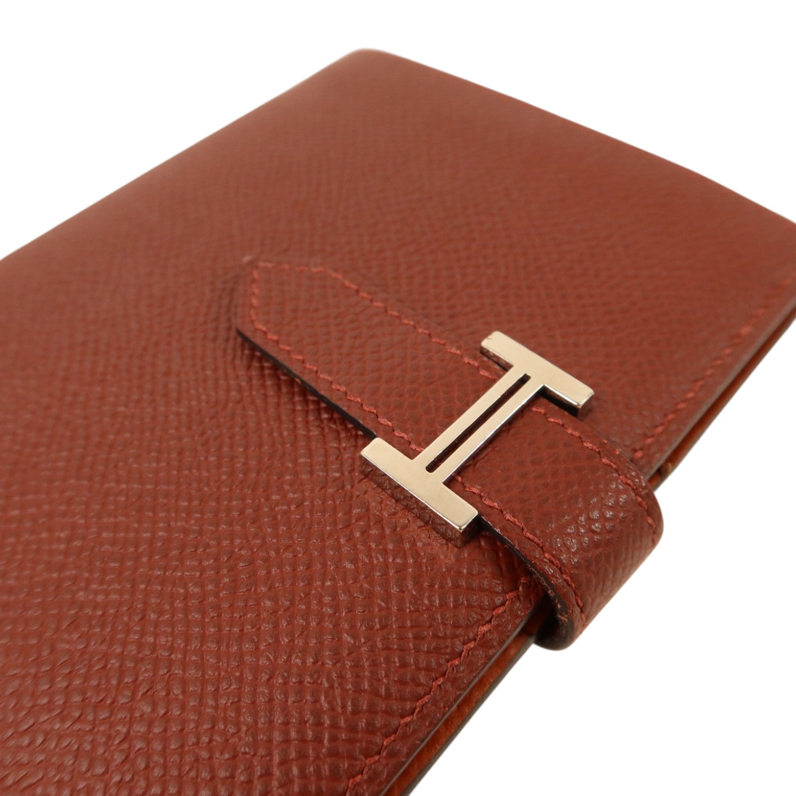 HERMES Epsom皮革Bearn Compact Wallet銀扣錢包Rouge/Rouge Mayen
