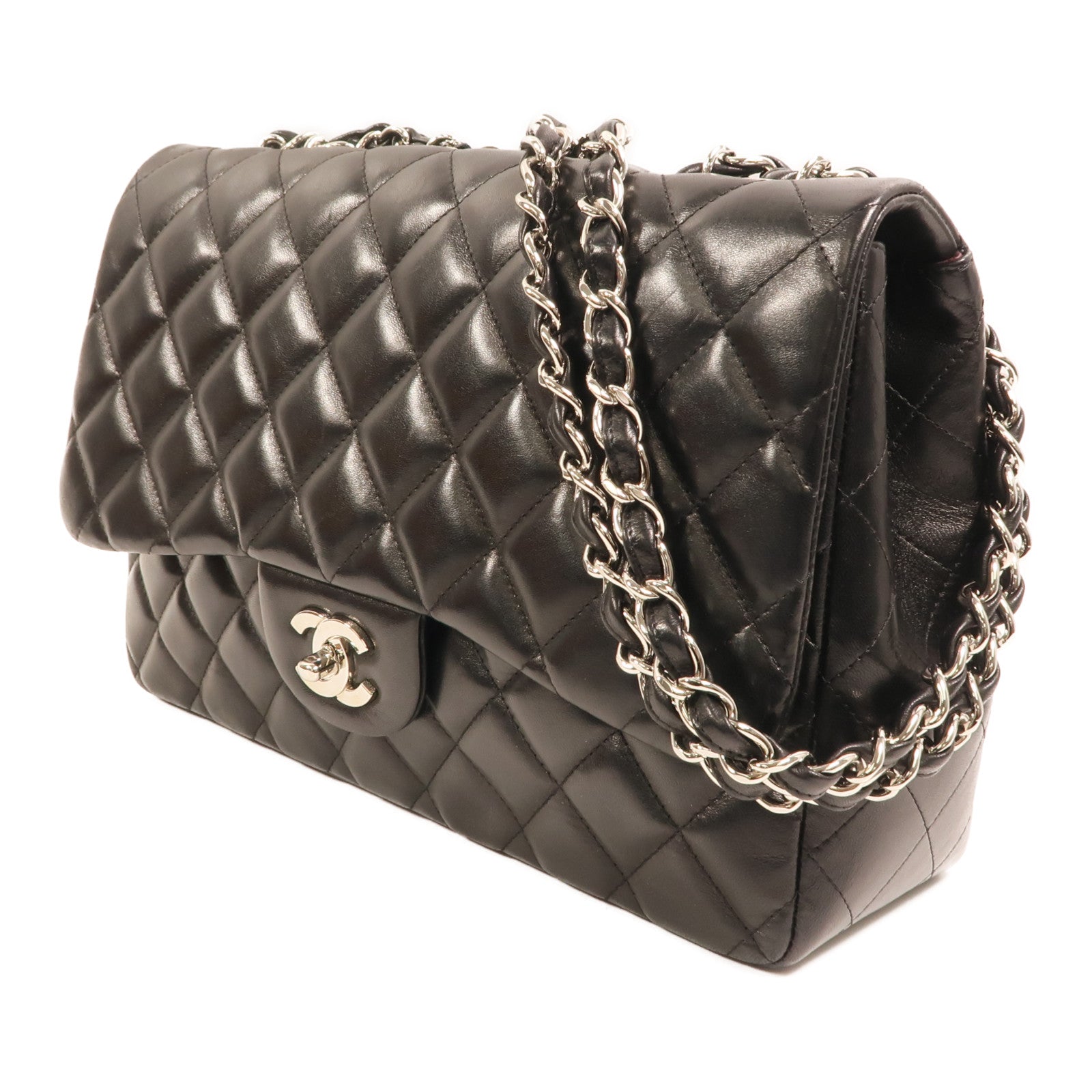 CHANEL 羊皮皮革Large Classic銀扣鏈帶肩背袋