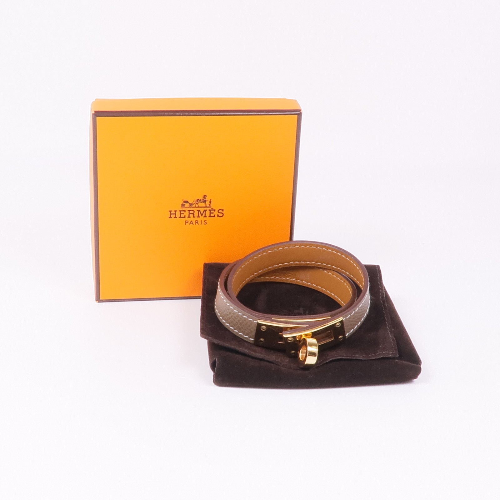 HERMES Epsom/Swift皮革Kelly Double Tour金扣手帶Etoupe