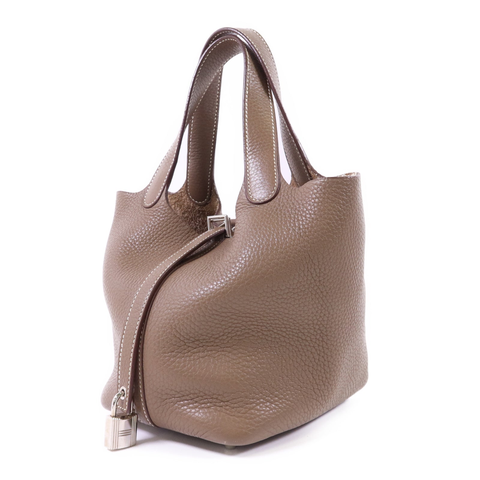 HERMES Clemence皮革Picotin PM銀扣手挽袋Etoupe