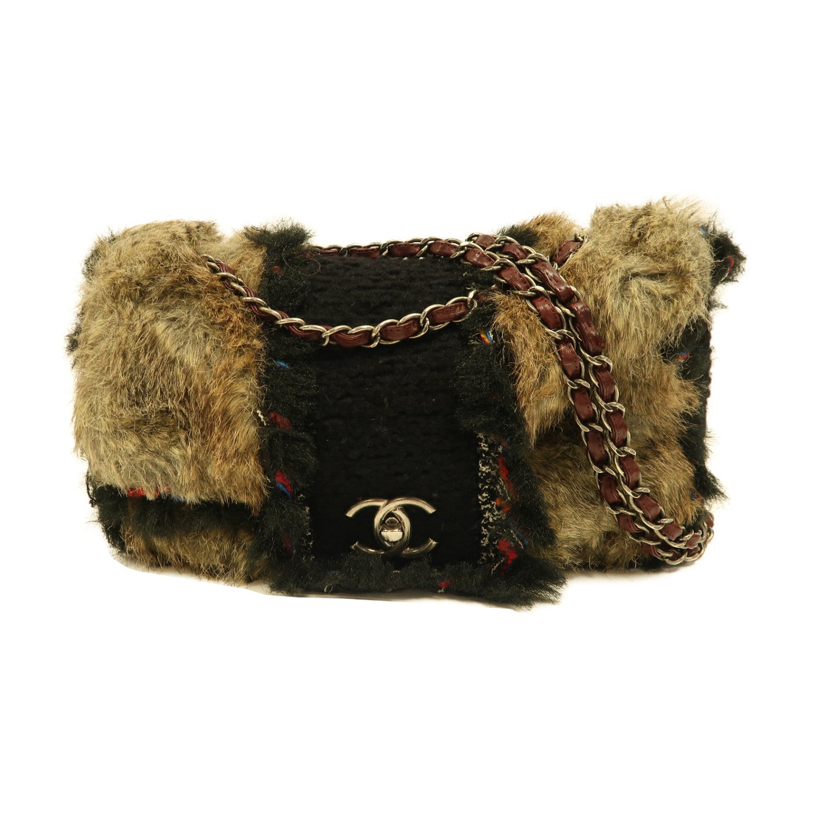 CHANEL 【激減優惠】軟呢/Fur Chain Shoulder銀扣鏈帶肩背袋米色/黑色