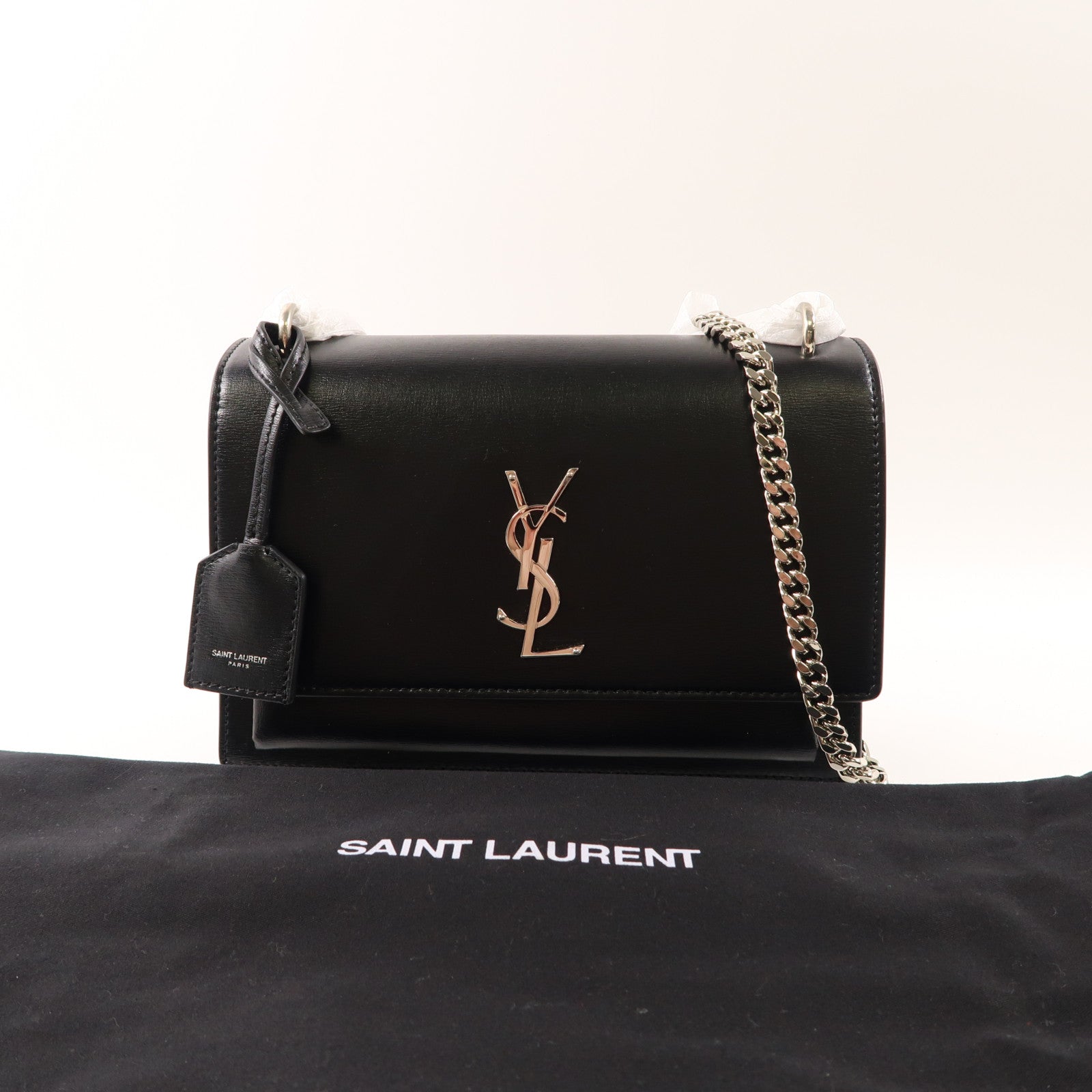 SAINT LAURENT 牛皮皮革Sunset Medium銀扣鏈帶肩背袋黑色