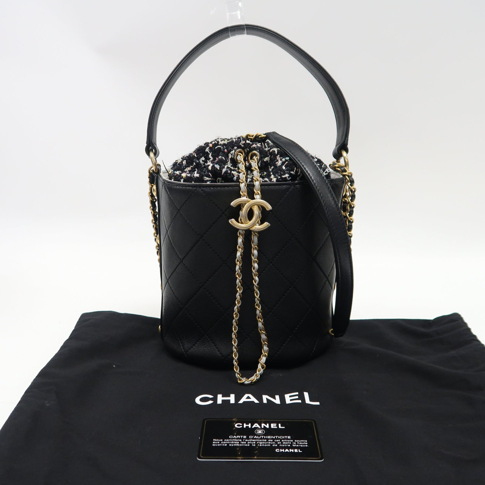 CHANEL 菱格牛皮皮革/花呢2 Way Shoulder金扣手挽肩背兩用袋黑色