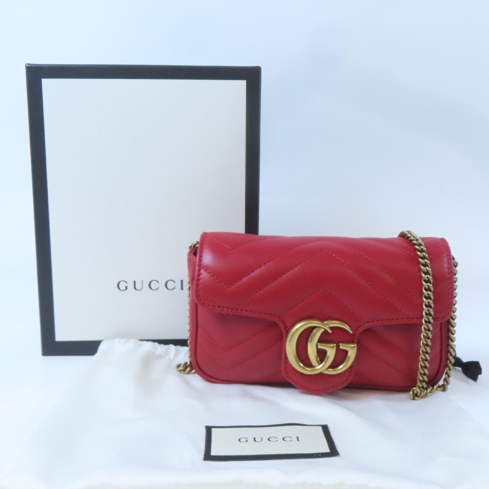 GUCCI 斜紋牛皮皮革GG Marmont金扣鏈帶肩背袋紅色