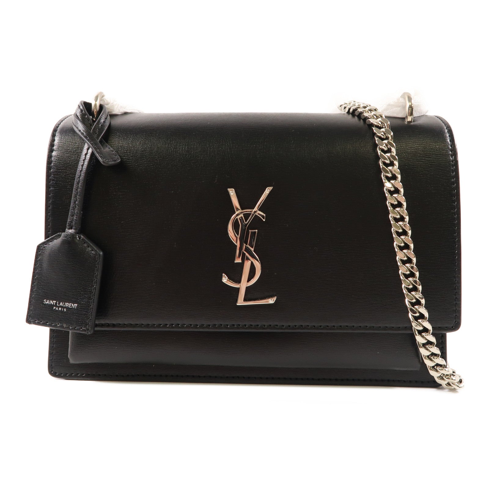 SAINT LAURENT 牛皮皮革Sunset Medium銀扣鏈帶肩背袋黑色