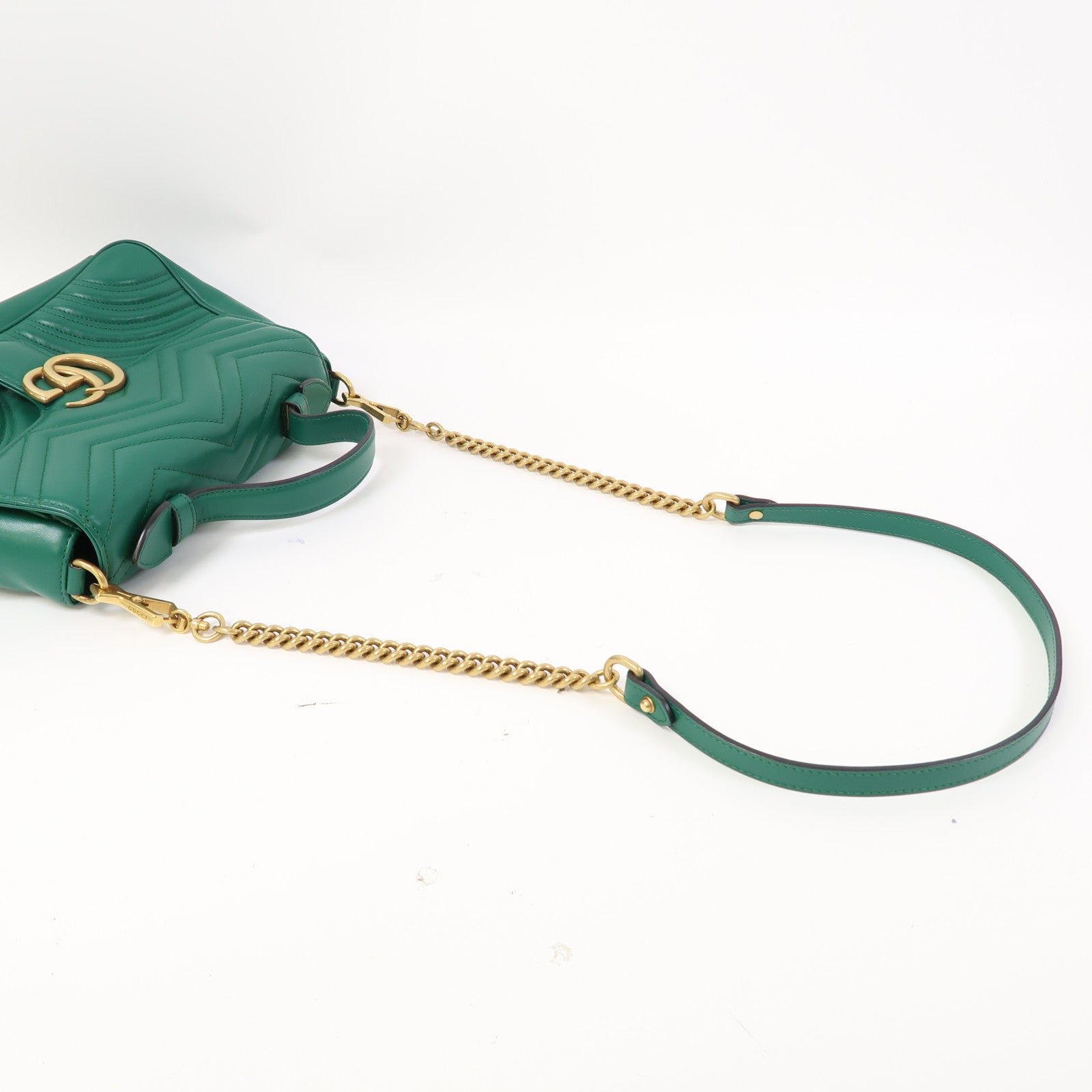 GUCCI 牛皮皮革GG Marmont Small Top Handle金扣手挽肩背兩用袋綠色