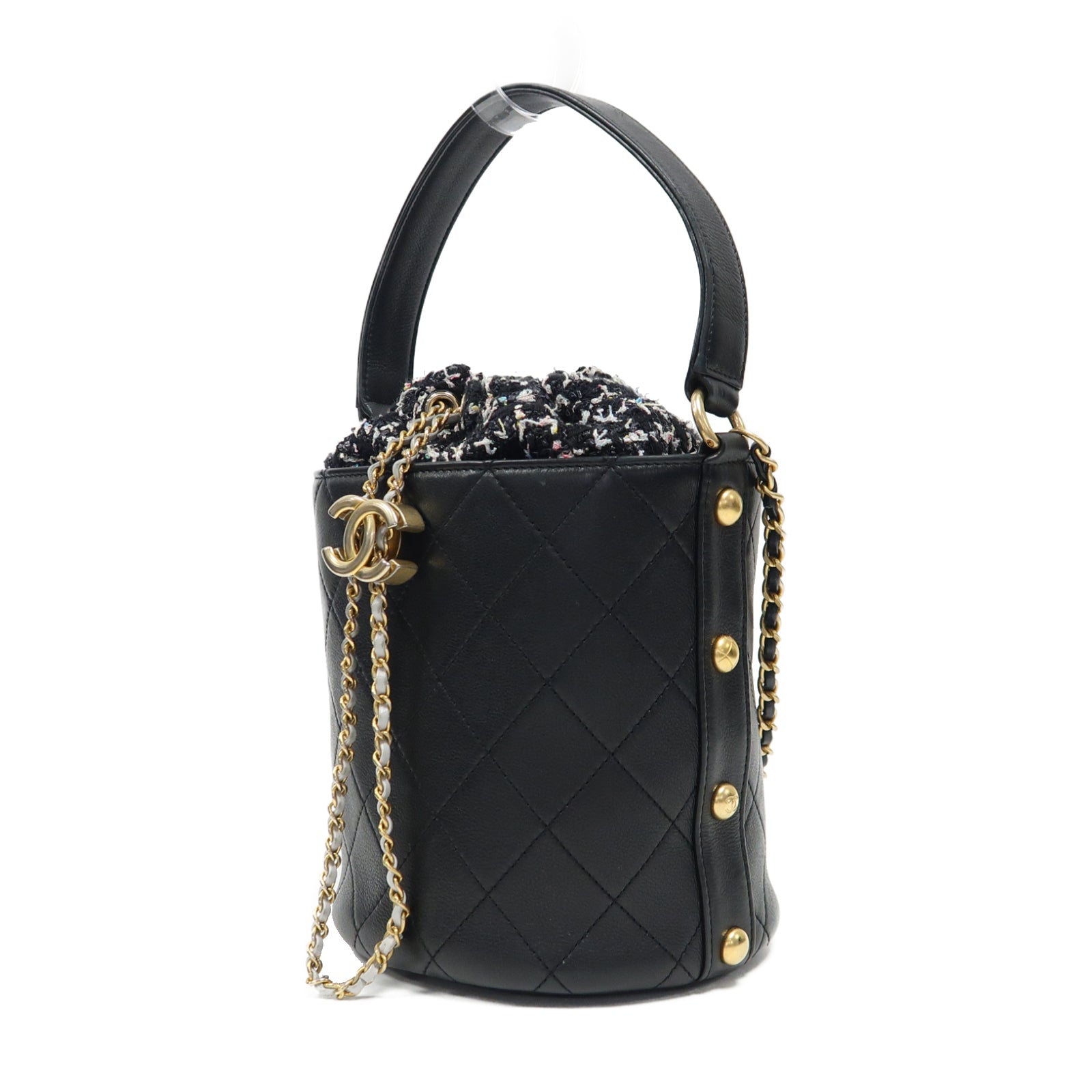 CHANEL 菱格牛皮皮革/花呢2 Way Shoulder金扣手挽肩背兩用袋黑色