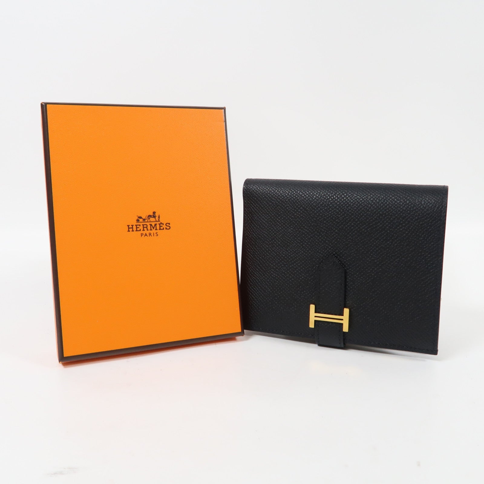 HERMES Epsom Bearn Compact Wallet金扣折疊錢包黑色