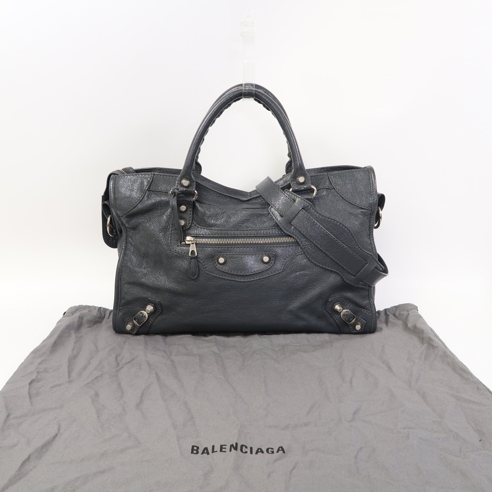 BALENCIAGA 牛皮皮革Giant City Bag銀扣手挽肩背兩用袋灰色