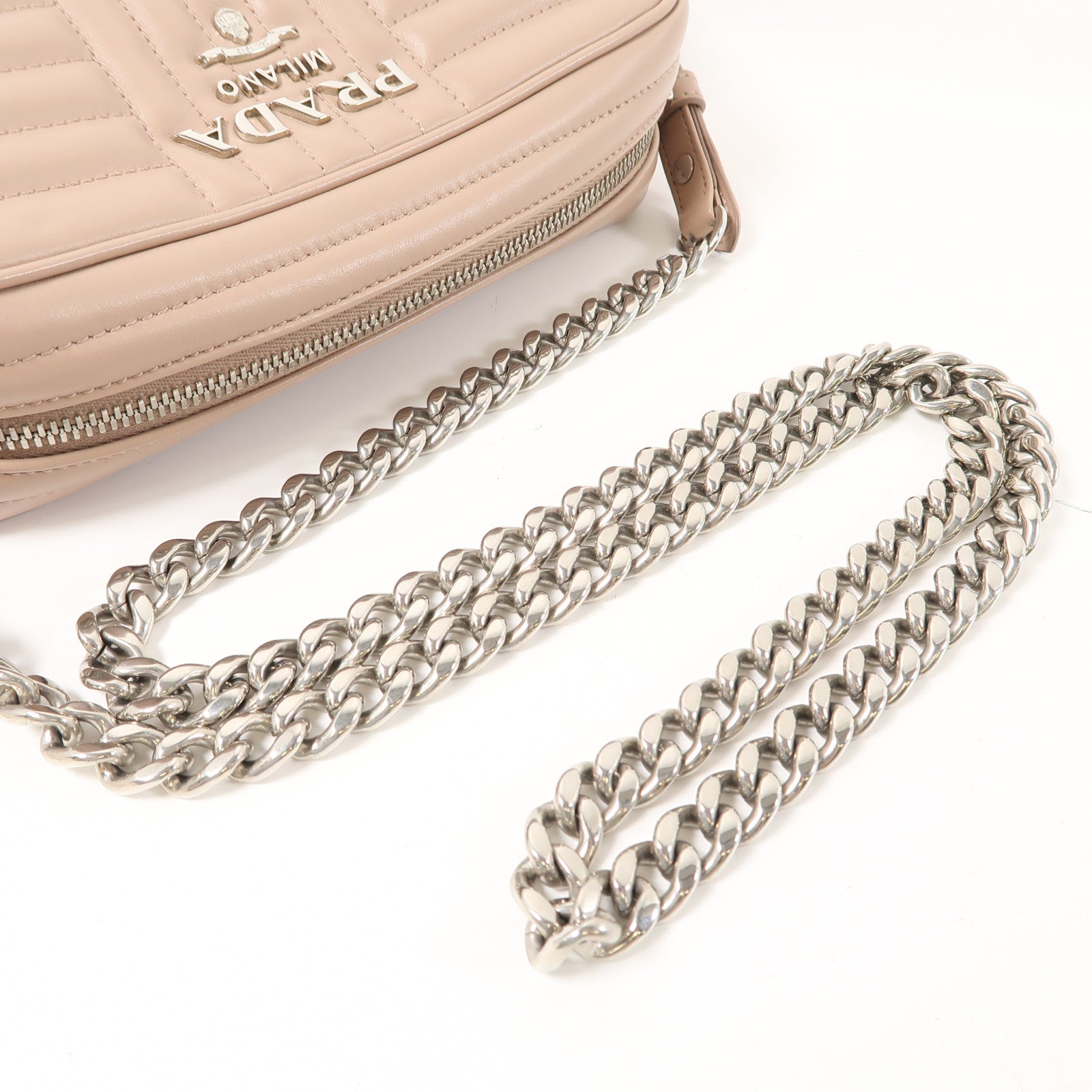 PRADA 牛皮皮革Shoulder Bag銀扣鏈帶肩背袋粉紅色