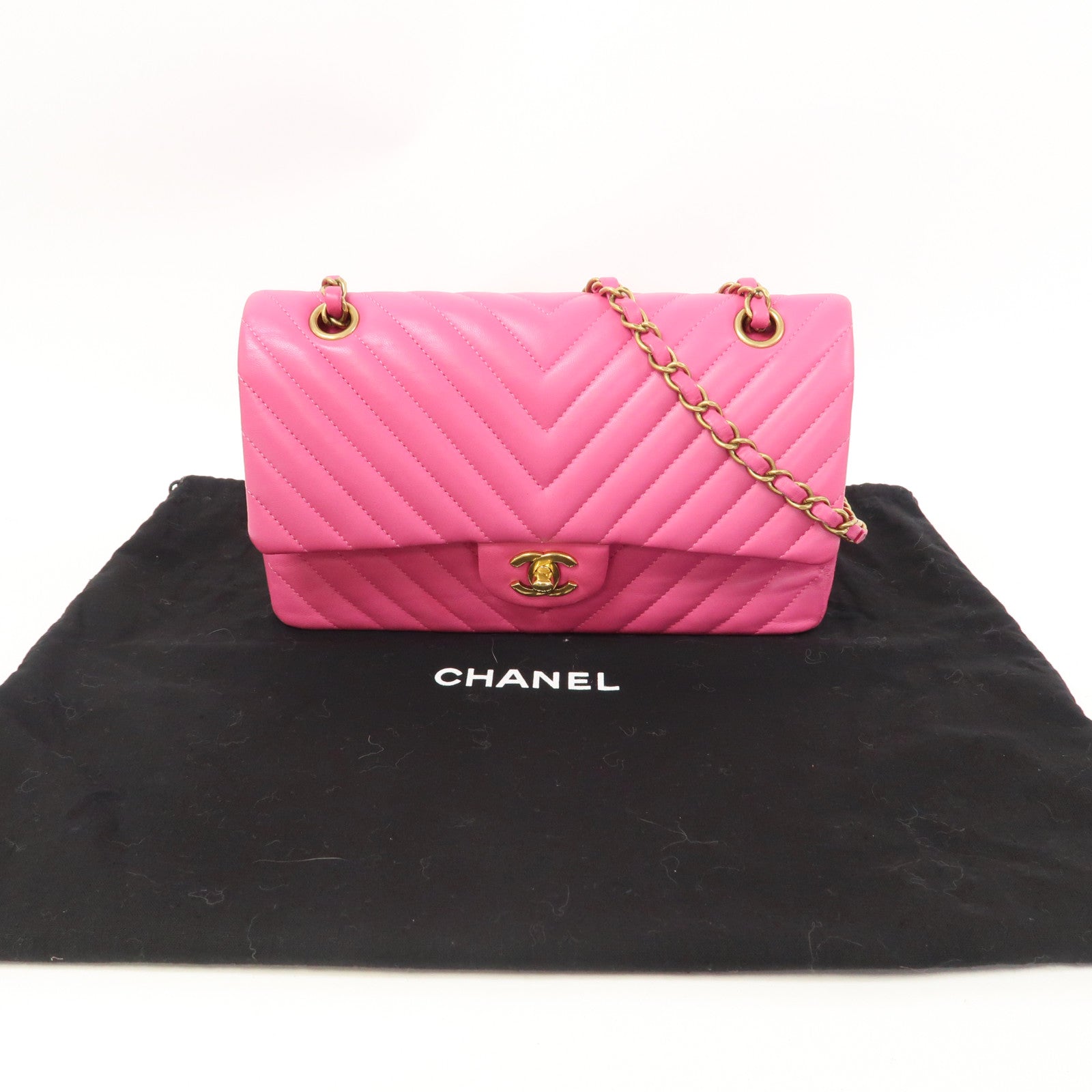 CHANEL 【激減優惠】斜紋皮革Classic Flap 25cm金扣鏈帶肩背袋粉紅色