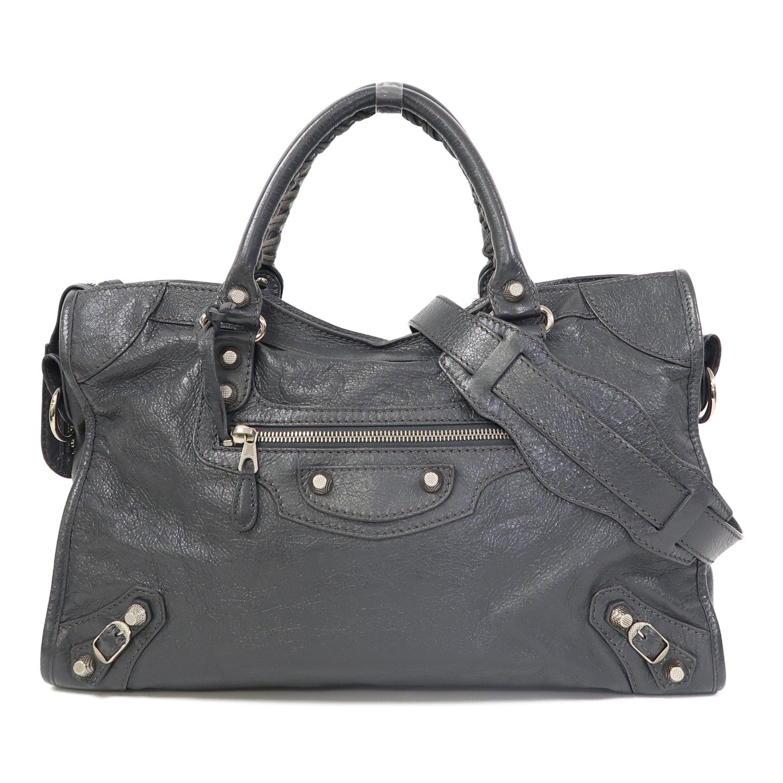 BALENCIAGA 牛皮皮革Giant City Bag銀扣手挽肩背兩用袋灰色