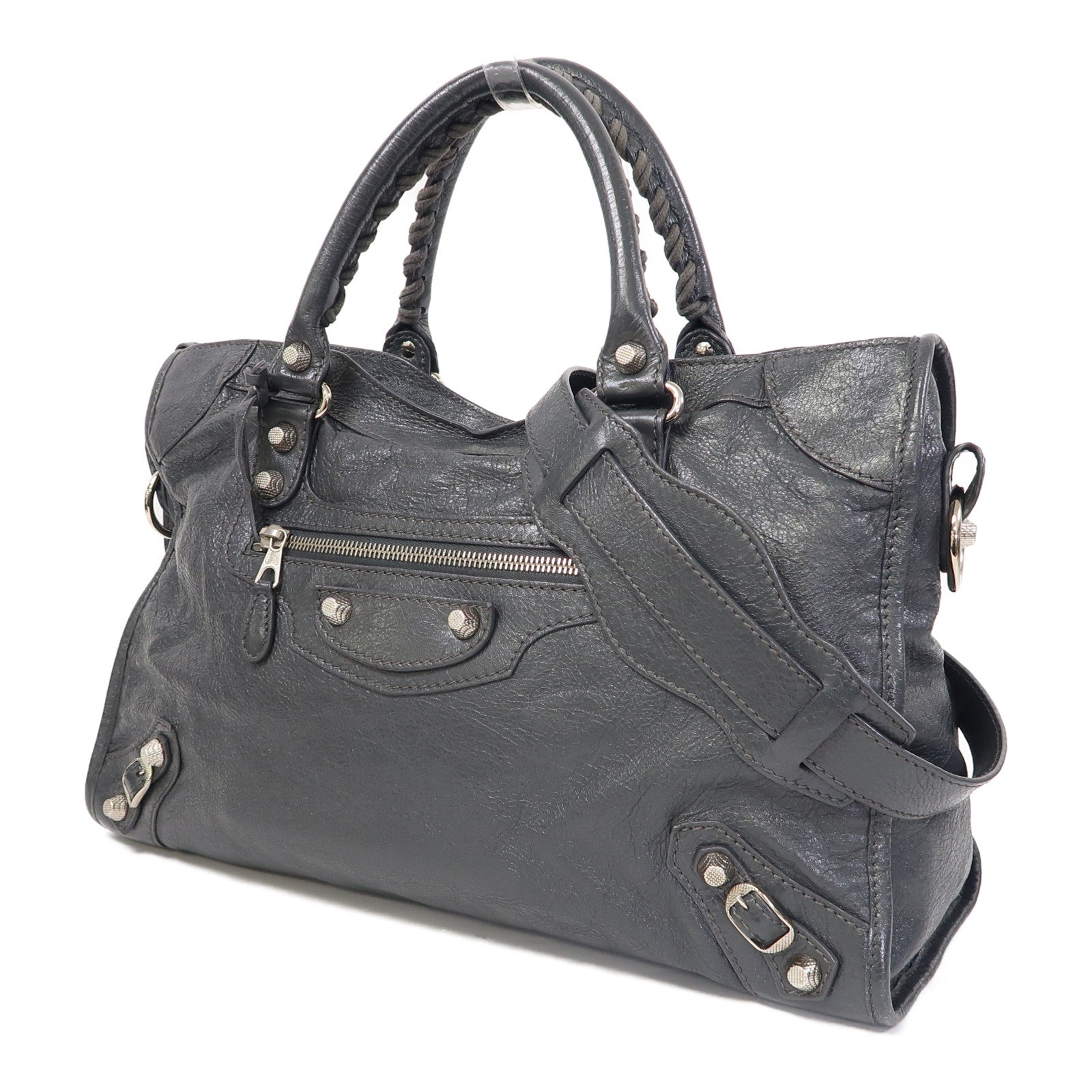 BALENCIAGA 牛皮皮革Giant City Bag銀扣手挽肩背兩用袋灰色