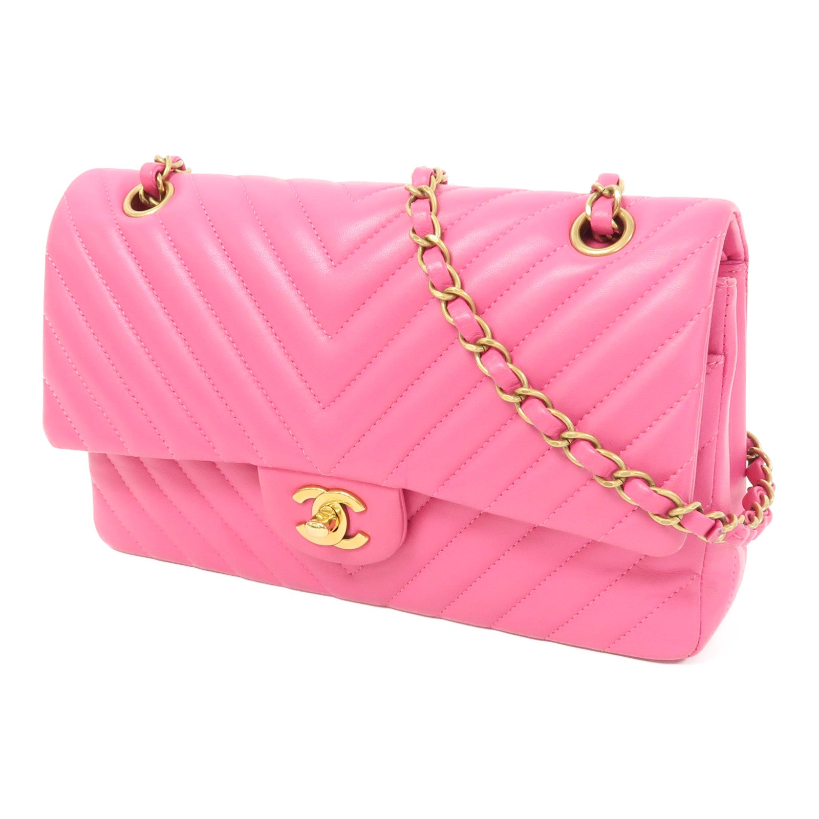 CHANEL 【激減優惠】斜紋皮革Classic Flap 25cm金扣鏈帶肩背袋粉紅色