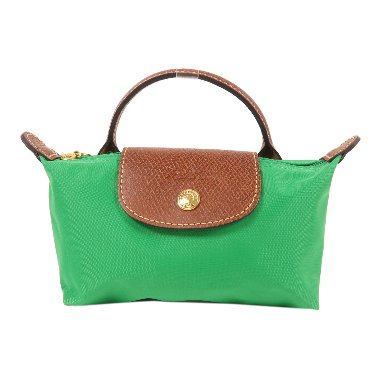 Longchamp 尼龍Le Pliage Mini金扣手挽袋綠色/棕色