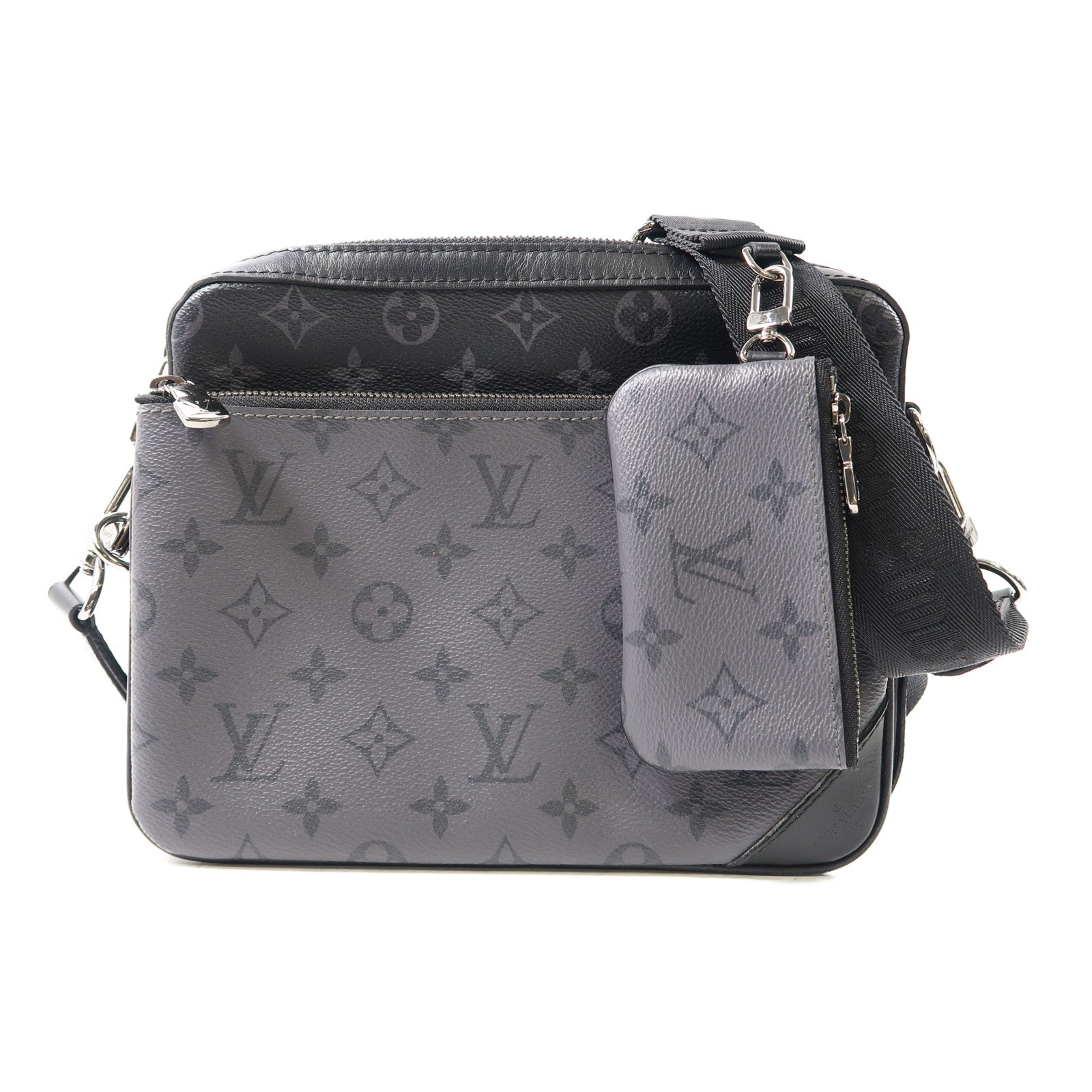 LOUIS VUITTON Monogram Eclipse Trio Messenger銀扣肩背袋黑色