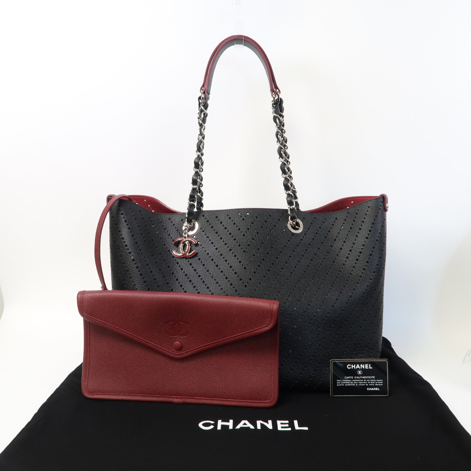 CHANEL 斜紋牛皮皮革Chain Tote Bag銀扣鏈帶手挽袋黑色