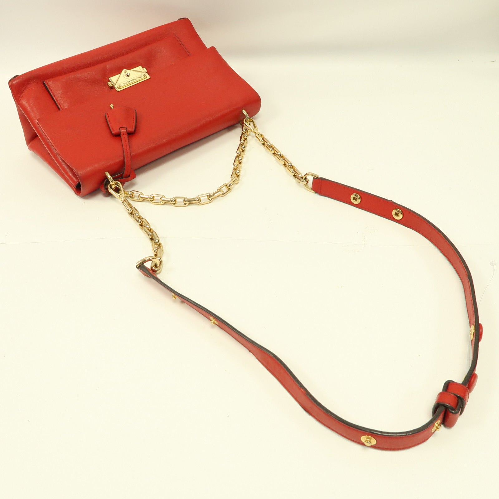 Michael Kors 牛皮皮革Chain Shoulder金扣手挽肩背兩用袋紅色
