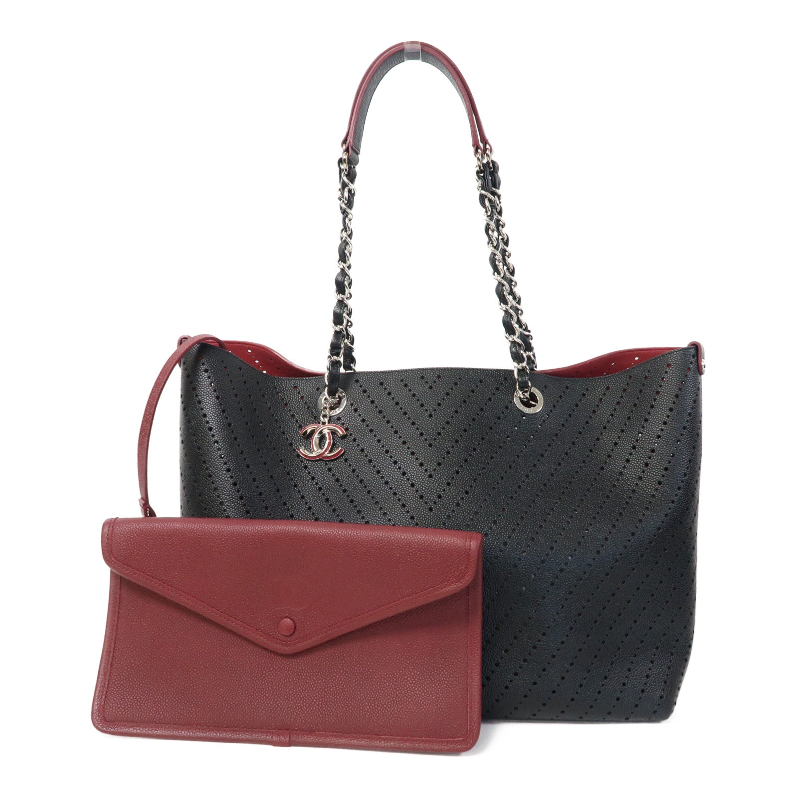 CHANEL 斜紋牛皮皮革Chain Tote Bag銀扣鏈帶手挽袋黑色