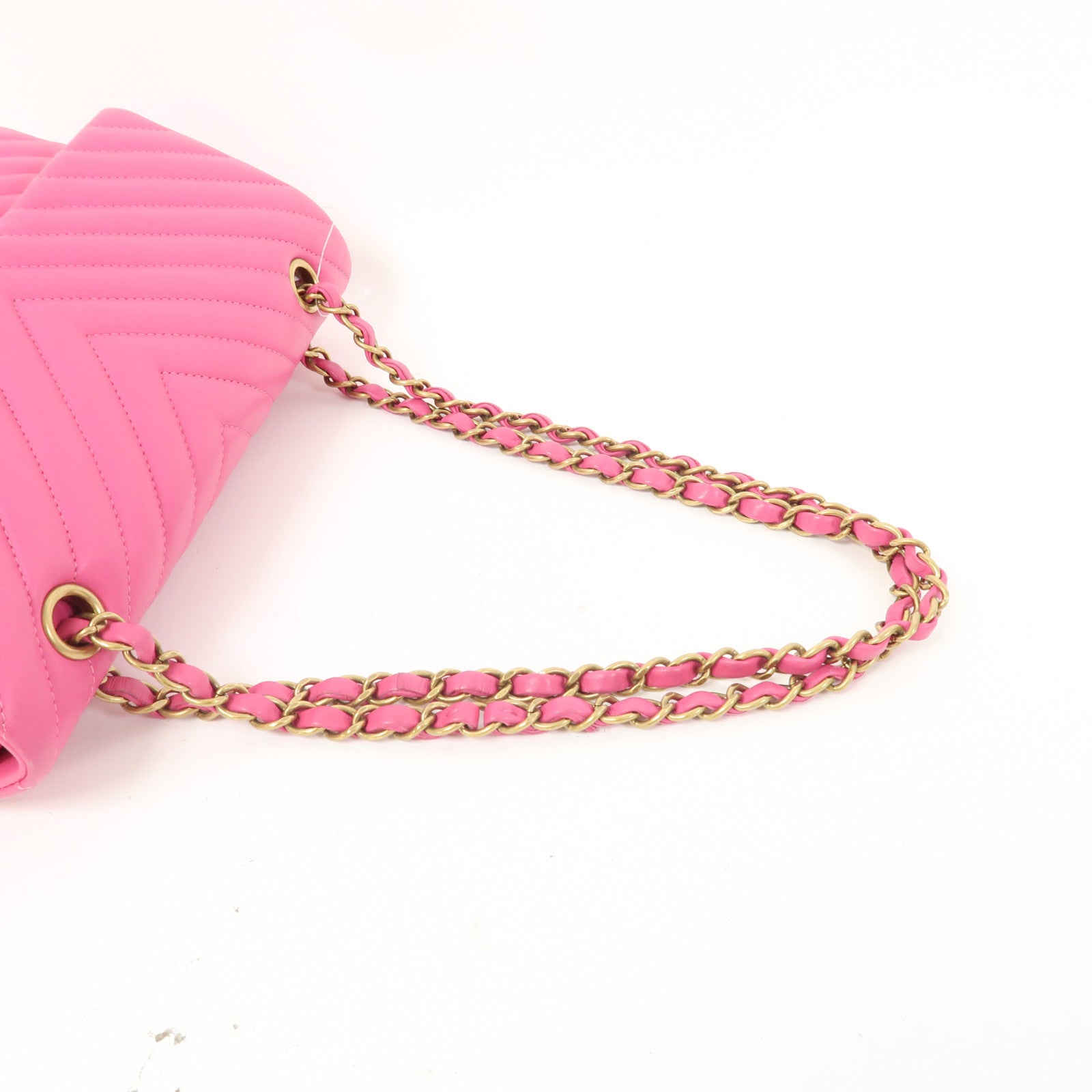 CHANEL 【激減優惠】斜紋皮革Classic Flap 25cm金扣鏈帶肩背袋粉紅色
