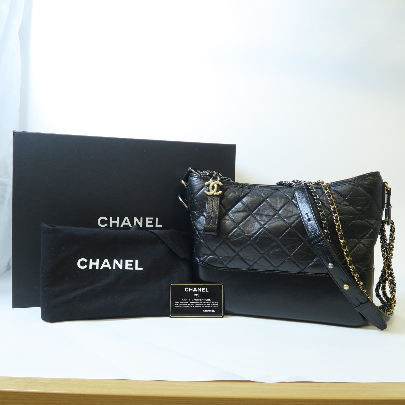 CHANEL 【激減優惠】菱格牛皮皮革Gabrielle金扣/銀扣鏈帶肩背袋黑色