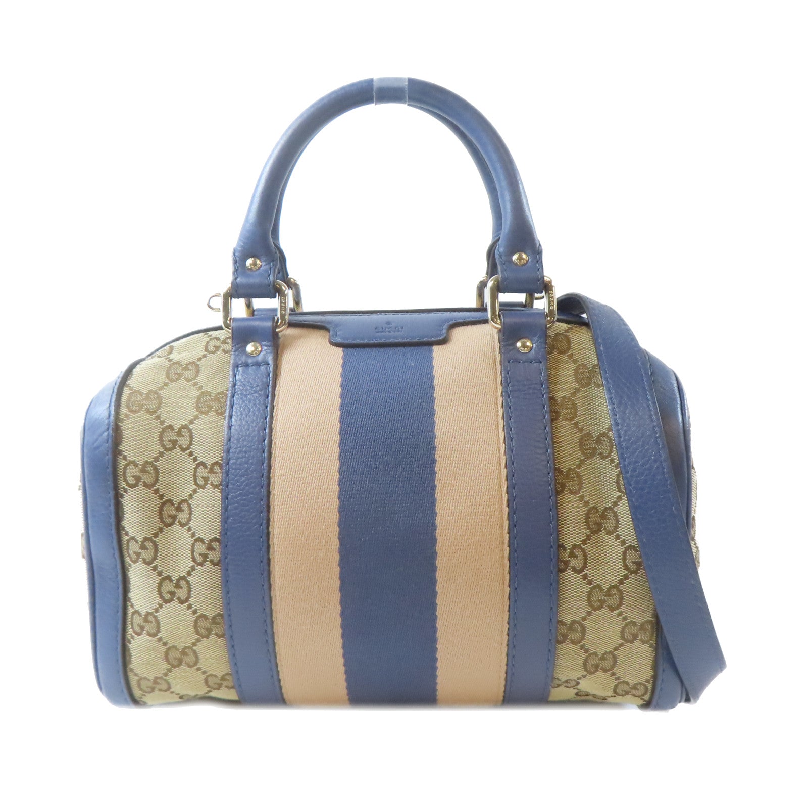 GUCCI 帆布Boston Handbag金扣手挽肩背兩用袋啡色/藍色