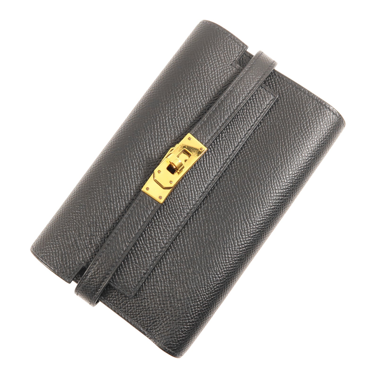 HERMES GHW Kelly Depliant Medium Wallet Epsom Leather Black