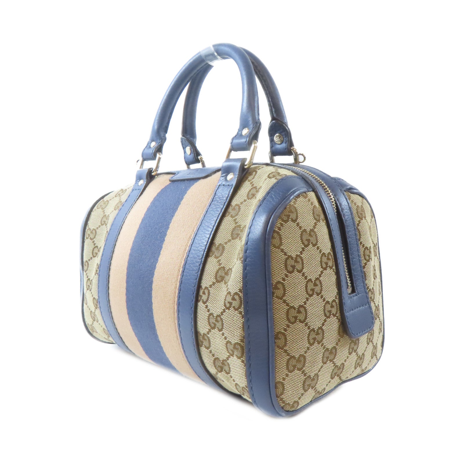 GUCCI 帆布Boston Handbag金扣手挽肩背兩用袋啡色/藍色