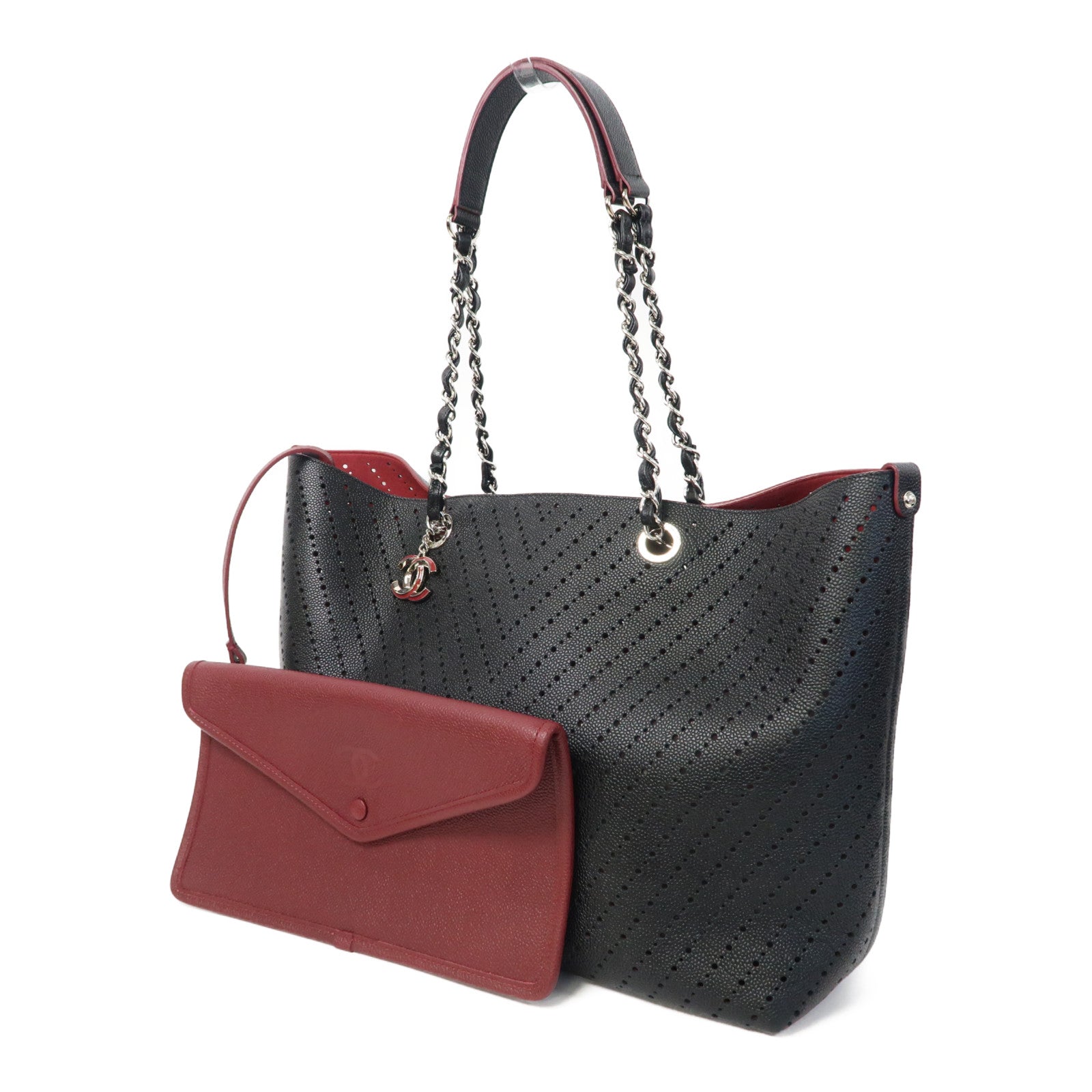 CHANEL 斜紋牛皮皮革Chain Tote Bag銀扣鏈帶手挽袋黑色
