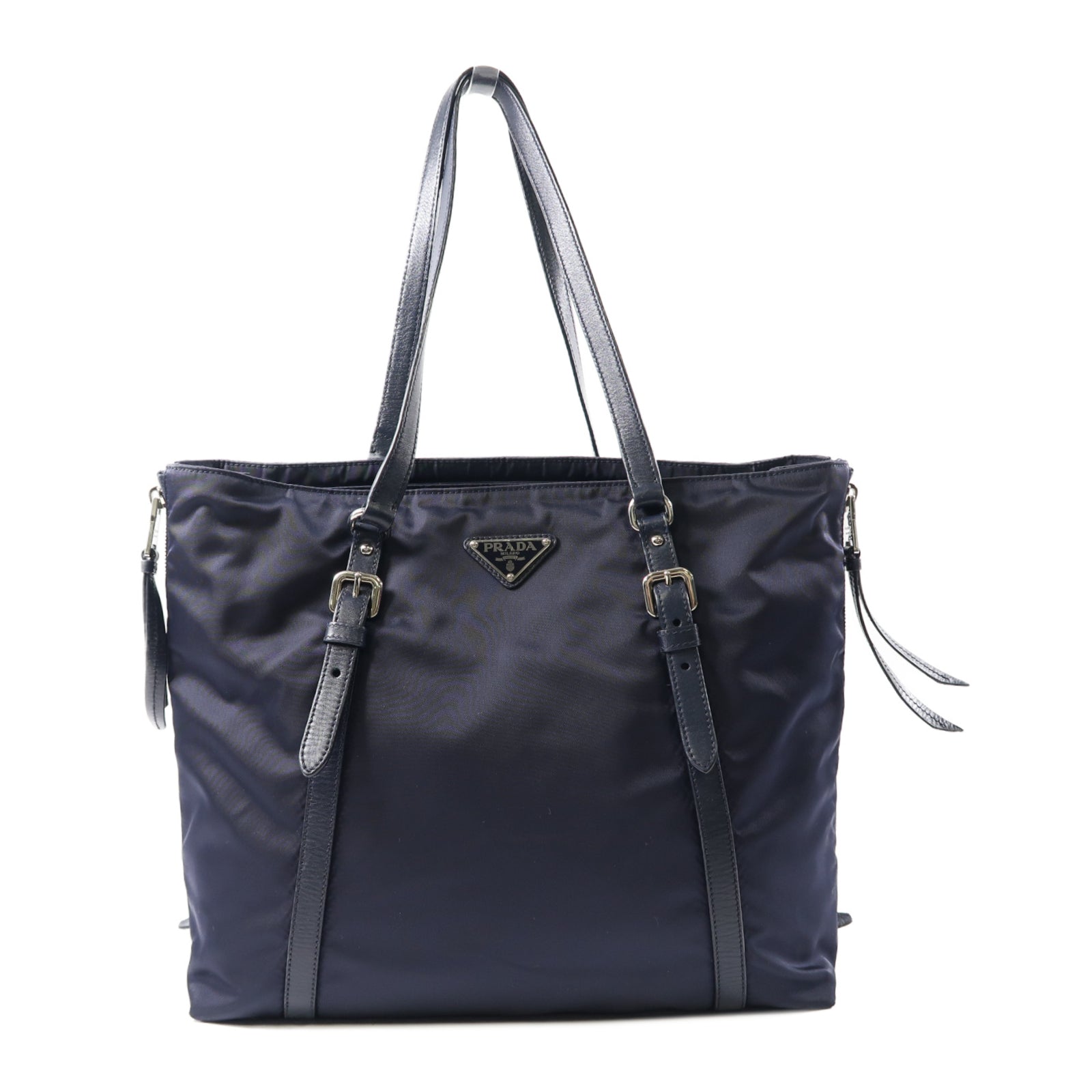 PRADA 尼龍Tote Bag銀扣肩背袋深藍色