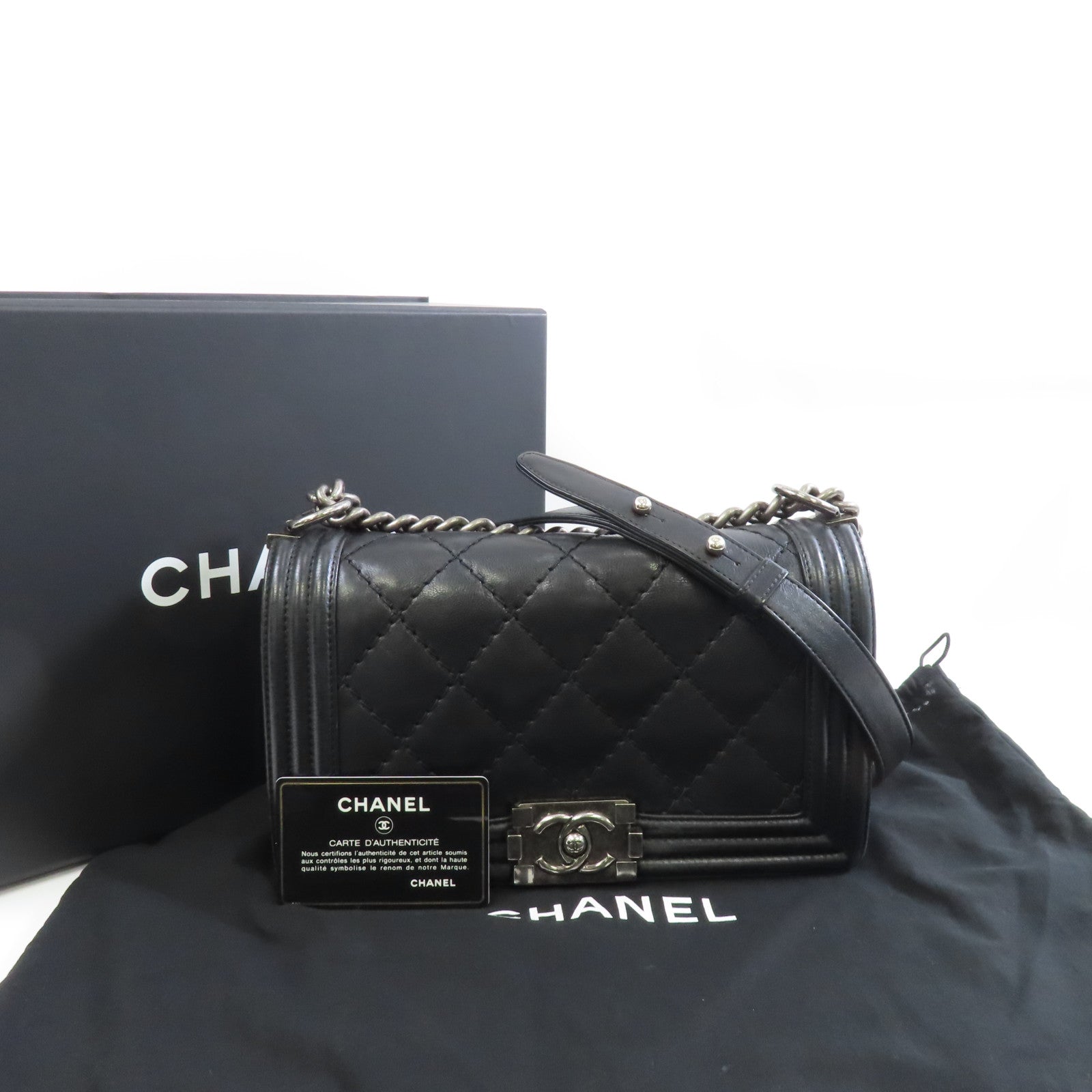 CHANEL 菱格羊皮皮革Boy 25銀扣鏈帶肩背袋黑色