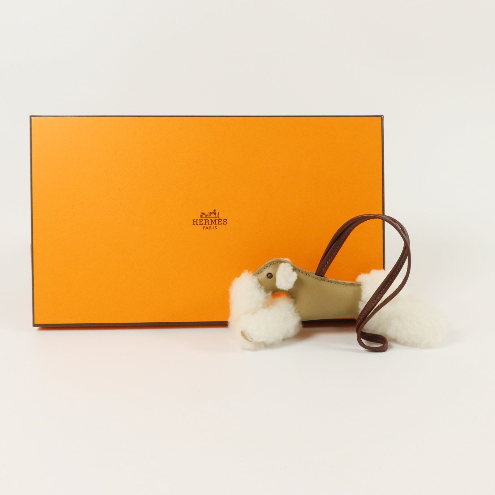 HERMES Milo皮革/羊毛Budy掛飾Beige Marfa/Brown/White