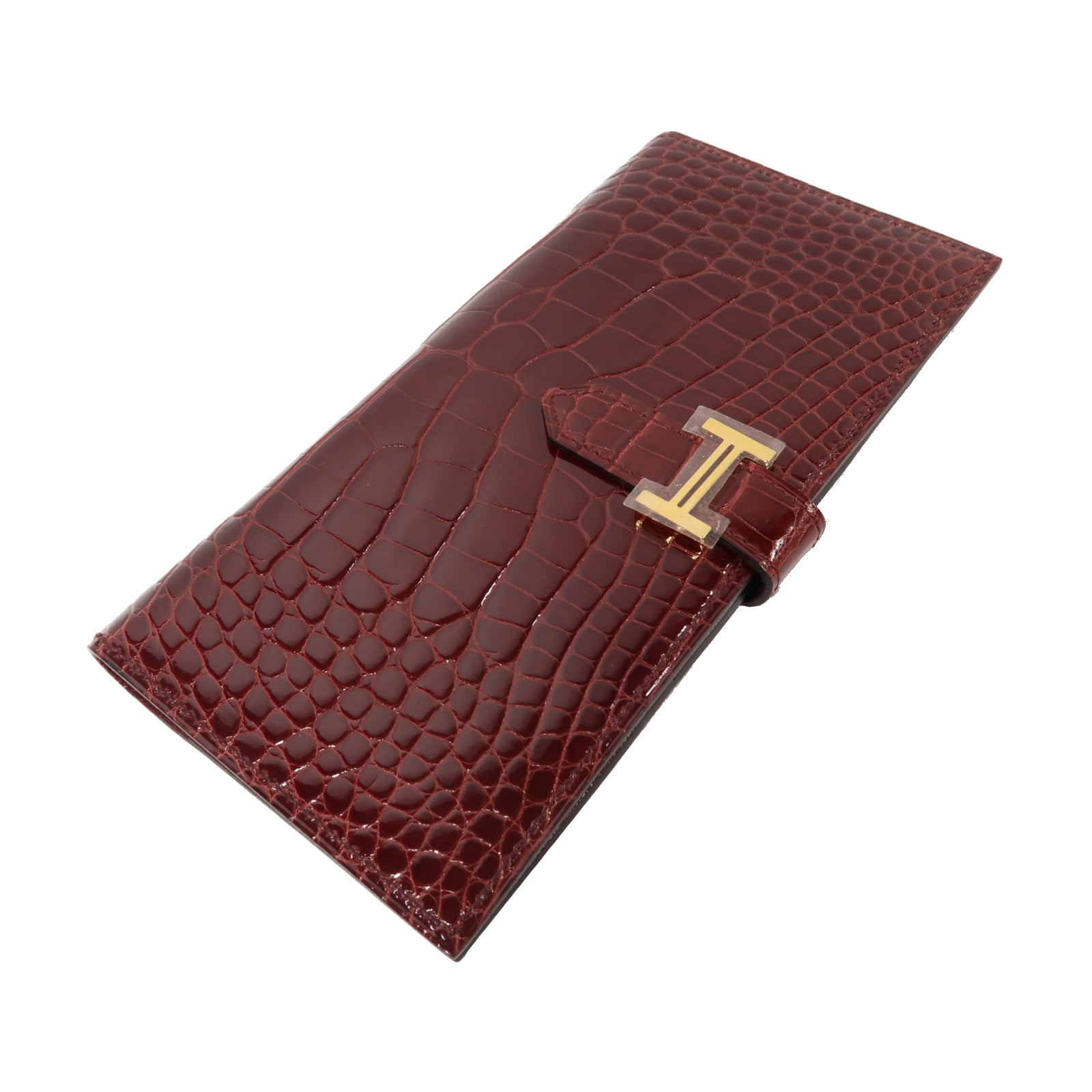HERMES 【激減優惠】鱷魚皮革Bearn Wallet金扣長錢包紅色