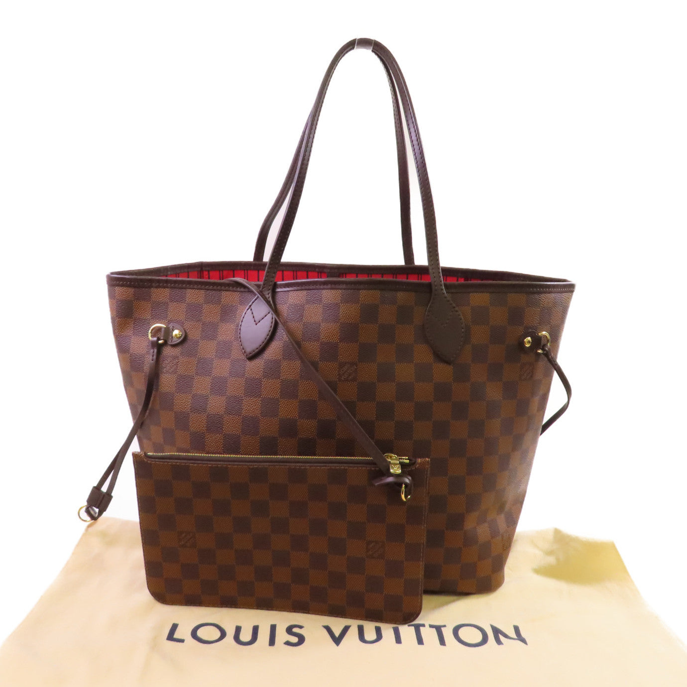 LOUIS VUITTON Damier Ebene Neverfull MM Tote Bag金扣肩背袋啡色/紅色