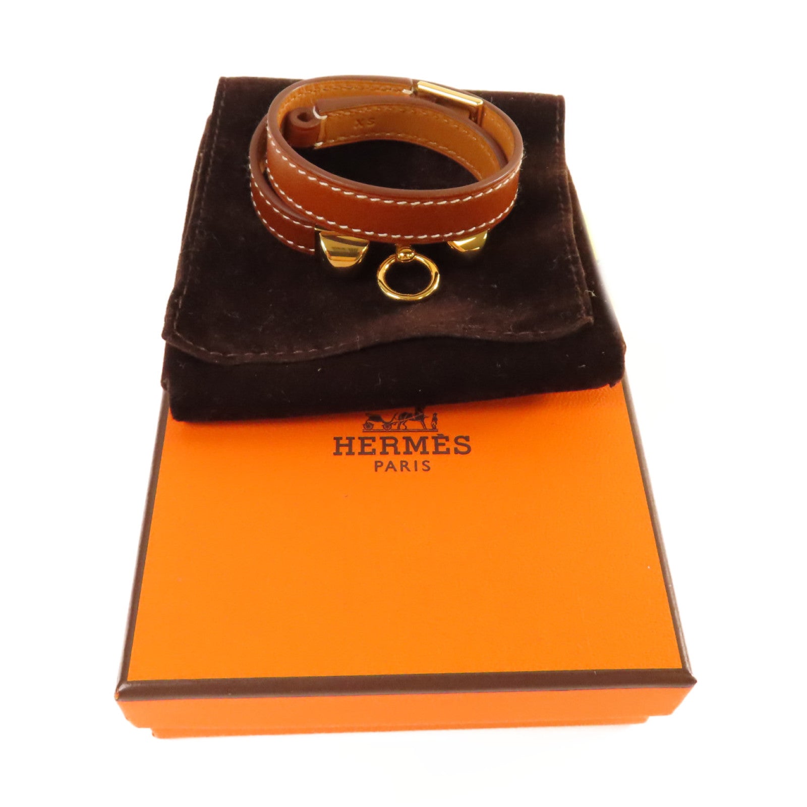 HERMES 【激減優惠】Box Calf皮革Rivile Double Tour XS Bracelet金扣手鏈 Fauve太妃色