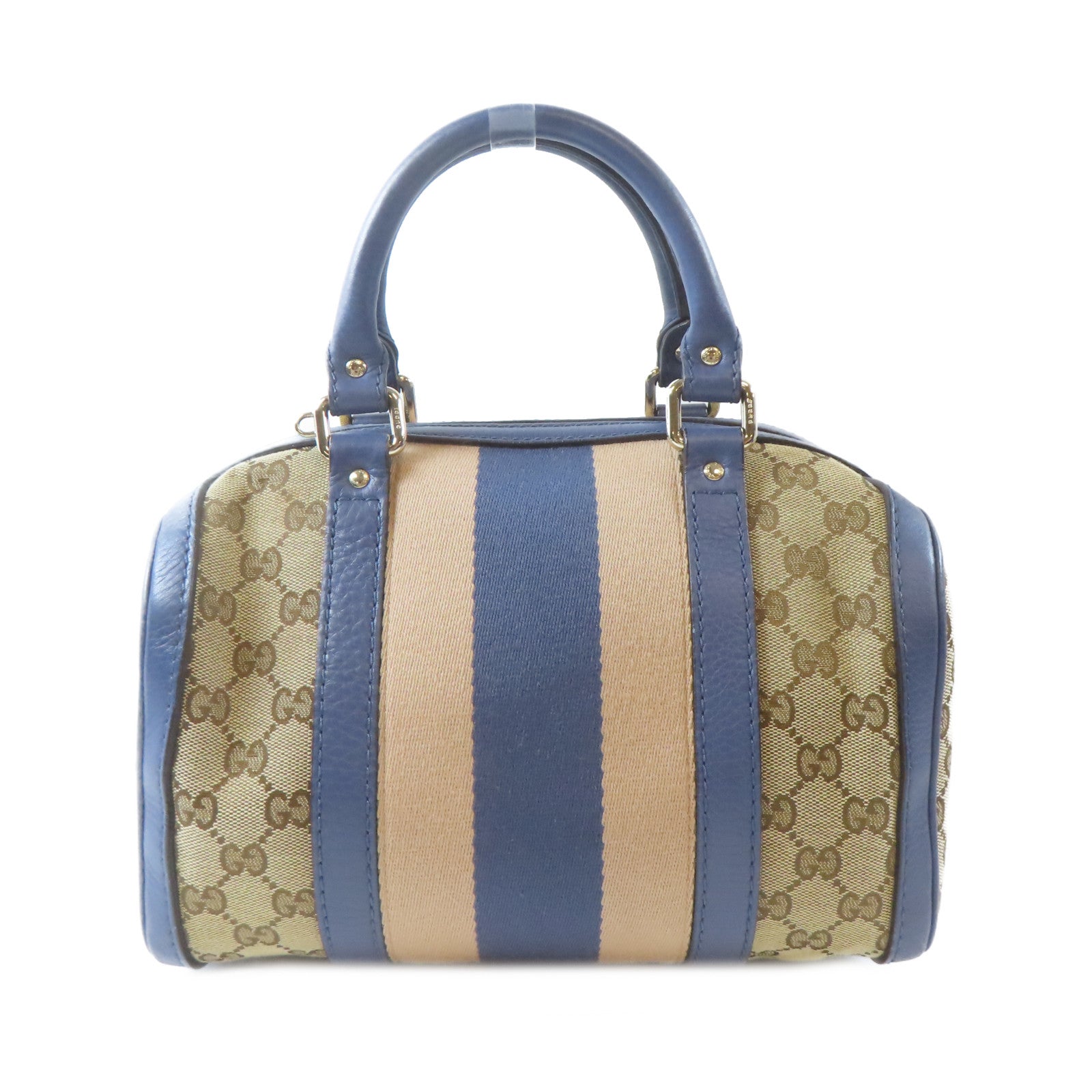 GUCCI 帆布Boston Handbag金扣手挽肩背兩用袋啡色/藍色