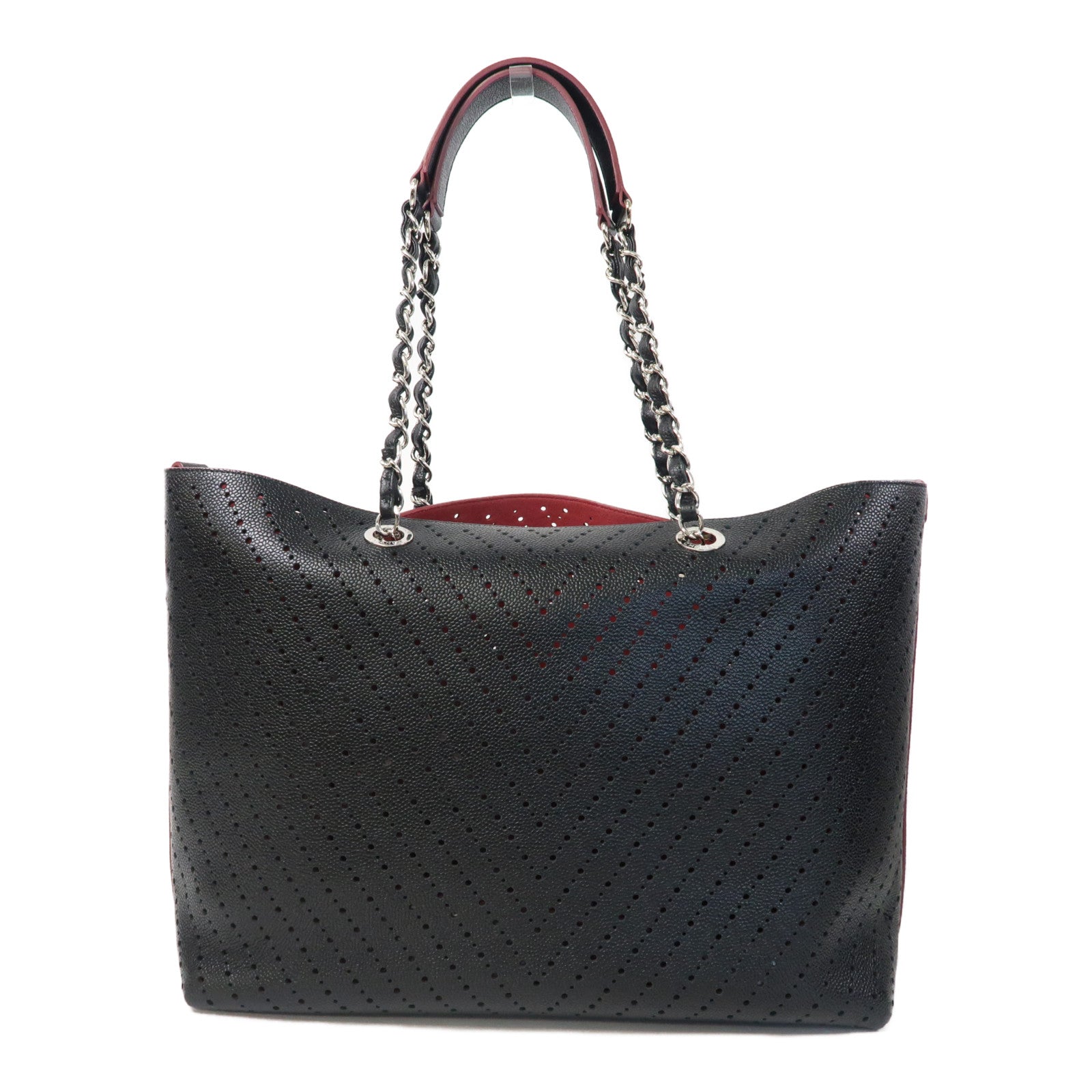 CHANEL 斜紋牛皮皮革Chain Tote Bag銀扣鏈帶手挽袋黑色