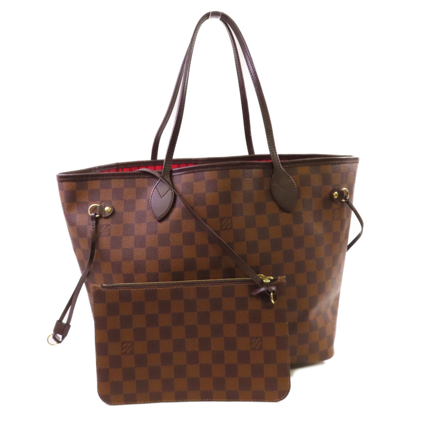 LOUIS VUITTON Damier Ebene Neverfull MM Tote Bag金扣肩背袋啡色/紅色