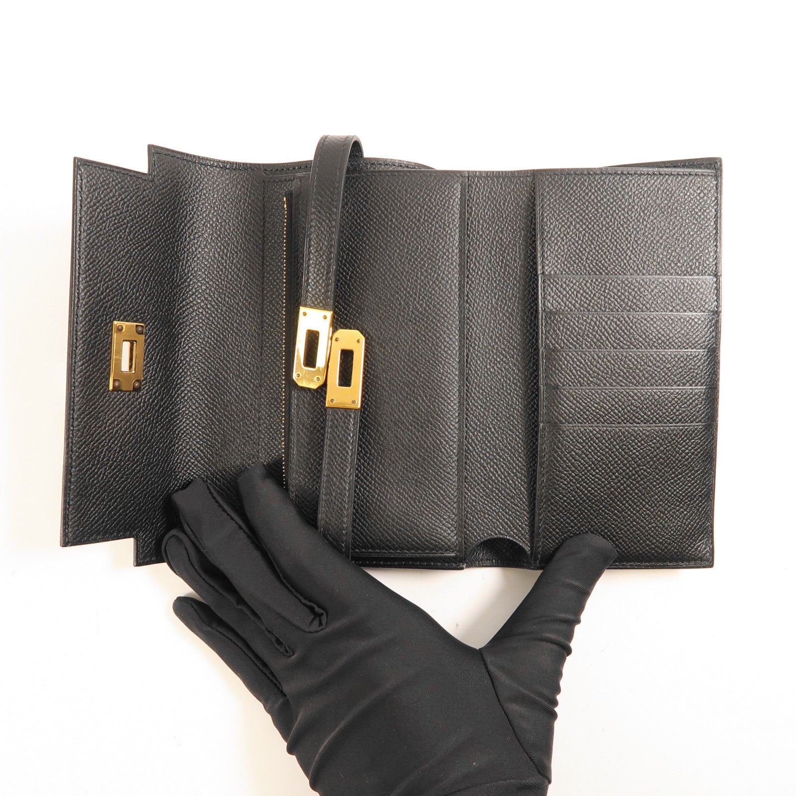 HERMES GHW Kelly Depliant Medium Wallet Epsom Leather Black