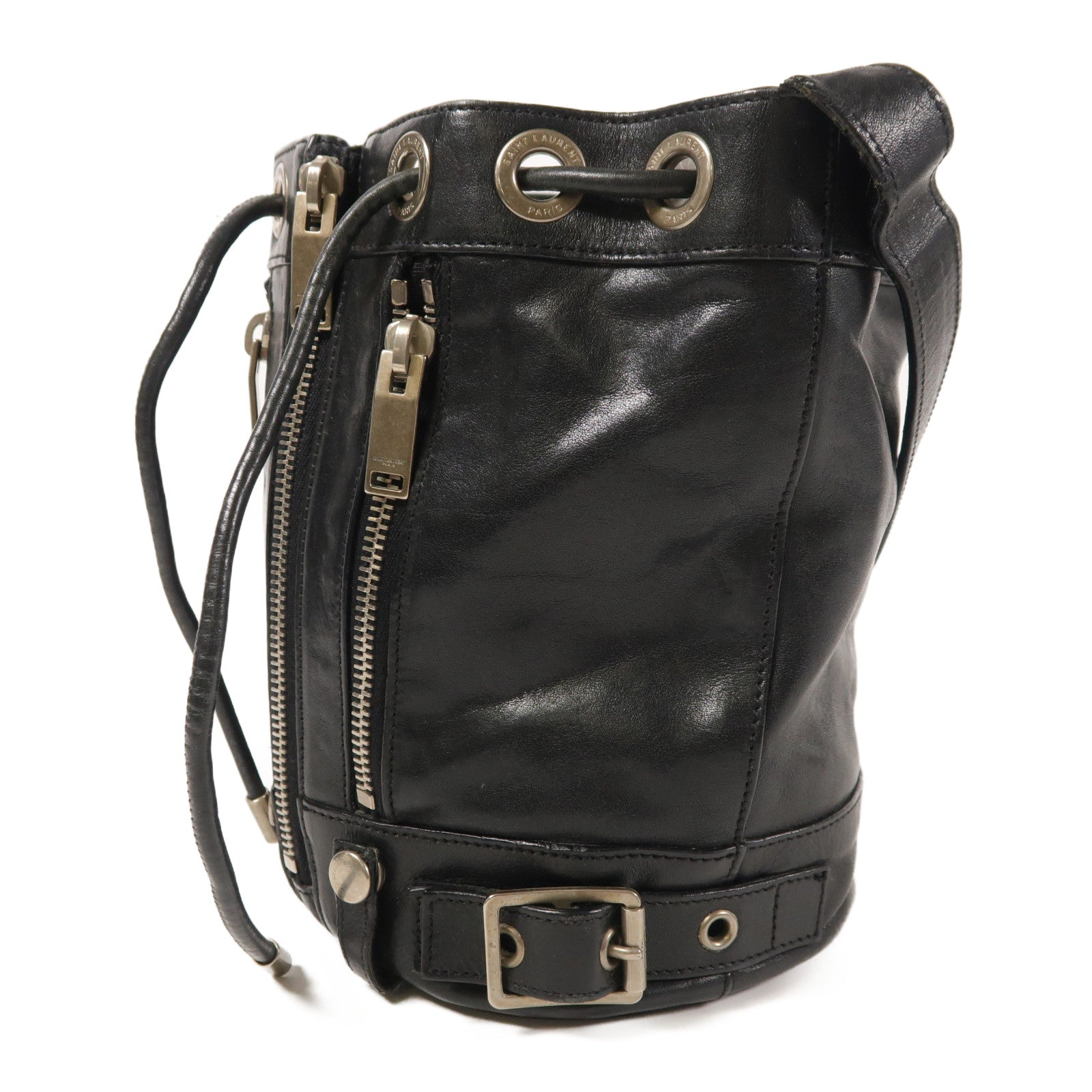 SAINT LAURENT 牛皮皮革Rider Bucket Bag銀扣肩背袋
