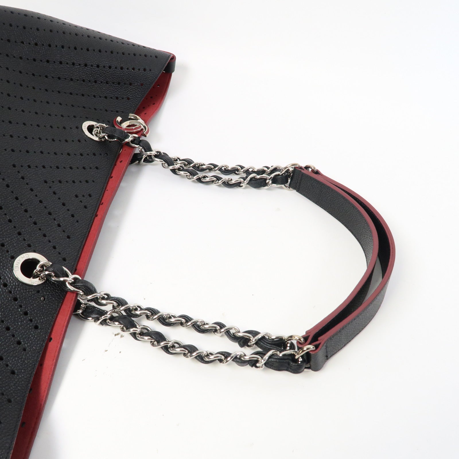 CHANEL 斜紋牛皮皮革Chain Tote Bag銀扣鏈帶手挽袋黑色
