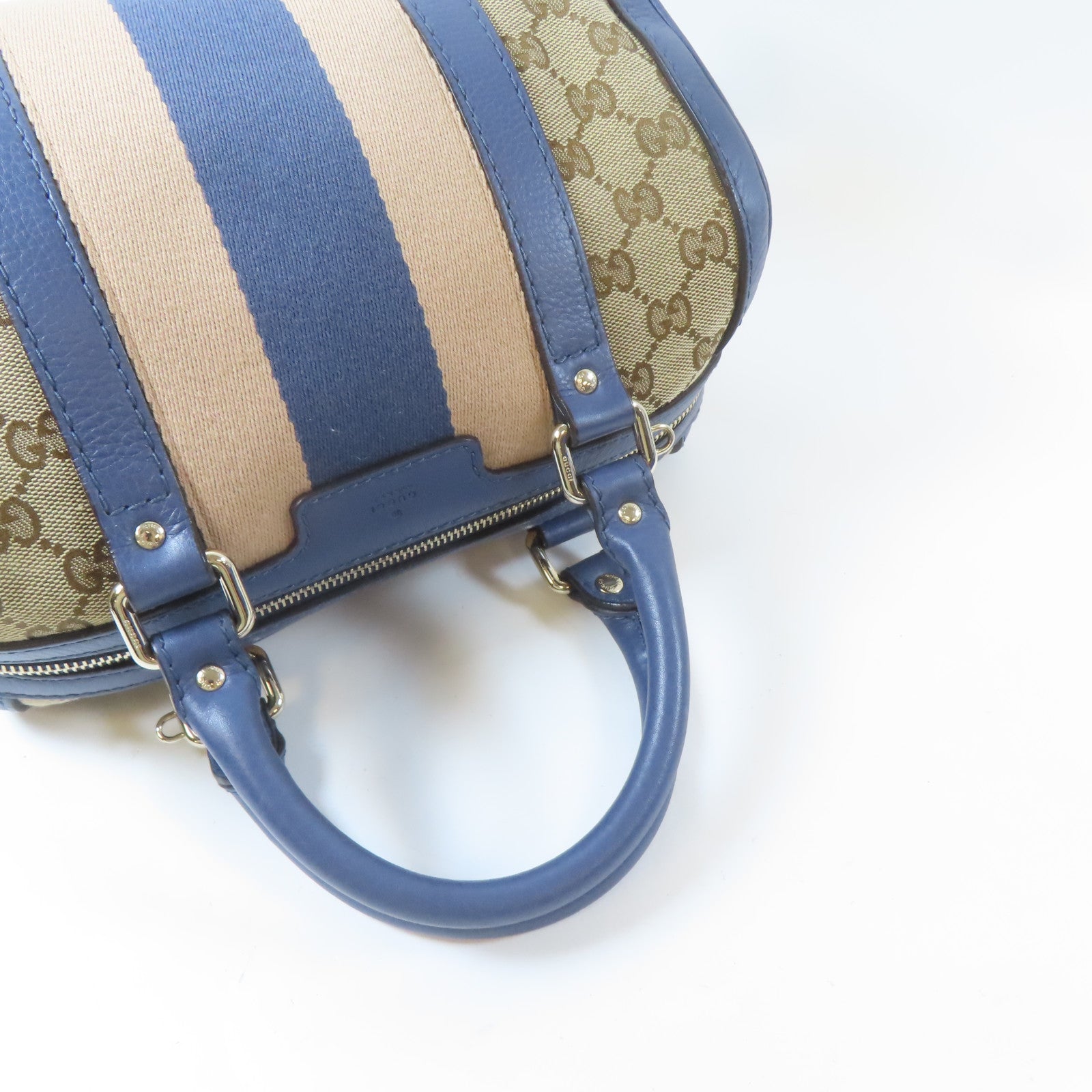 GUCCI 帆布Boston Handbag金扣手挽肩背兩用袋啡色/藍色