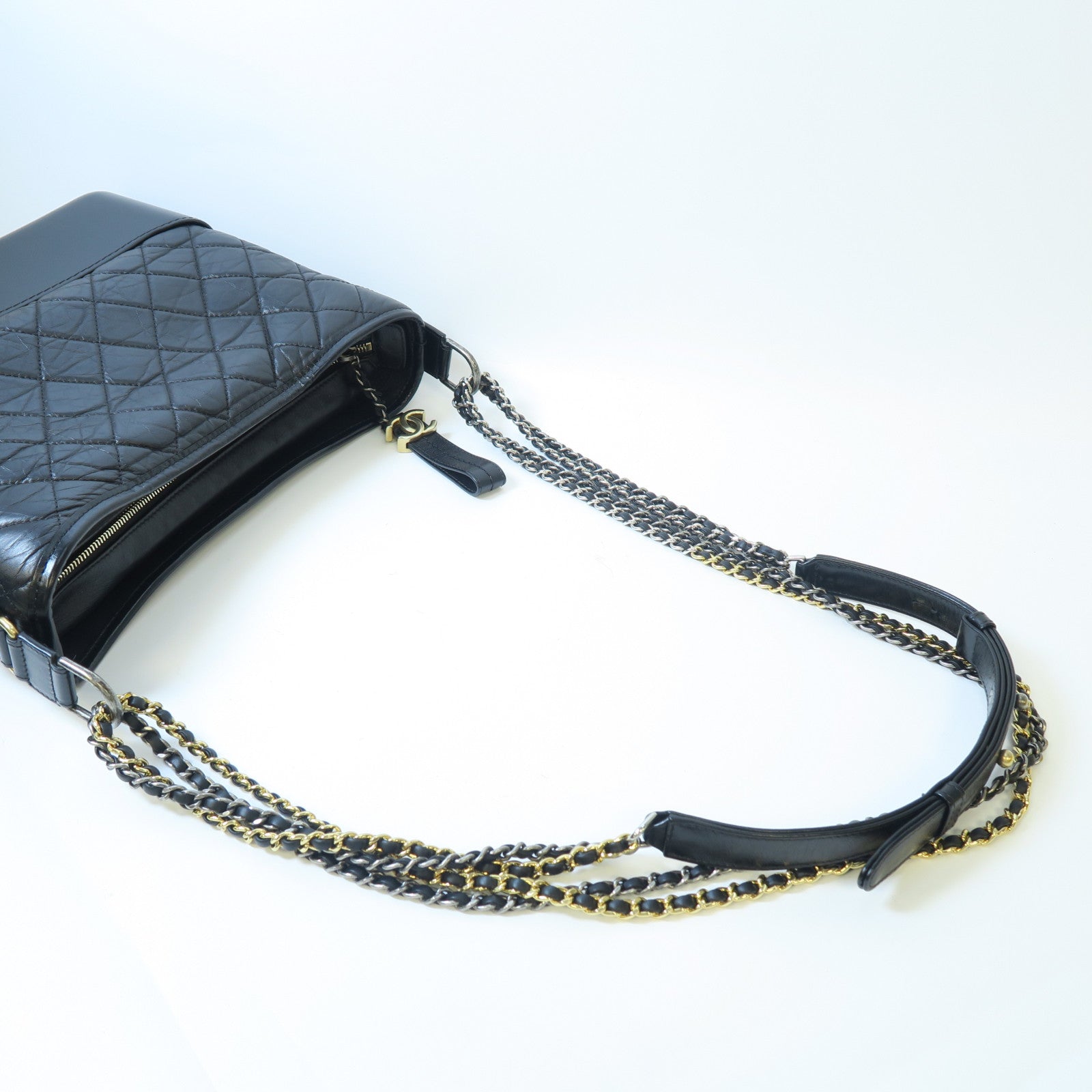 CHANEL 【激減優惠】菱格牛皮皮革Gabrielle金扣/銀扣鏈帶肩背袋黑色