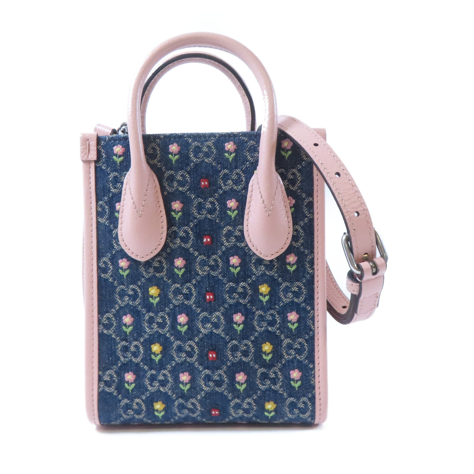 GUCCI 【激減優惠】牛仔布/皮革Ophidia Tote銀扣肩背袋藍色/粉紅色