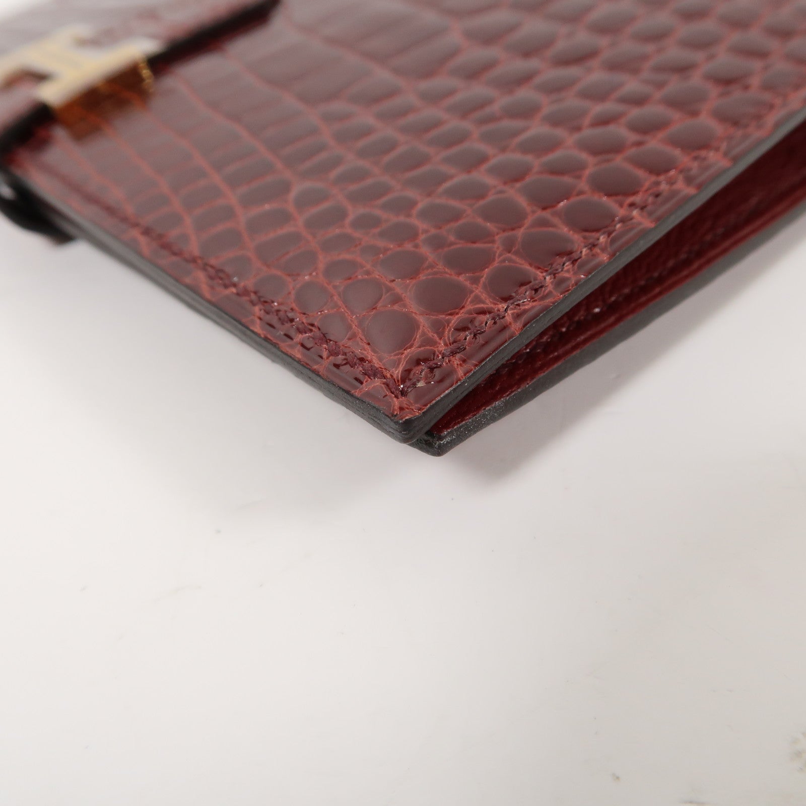 HERMES 【激減優惠】鱷魚皮革Bearn Wallet金扣長錢包紅色