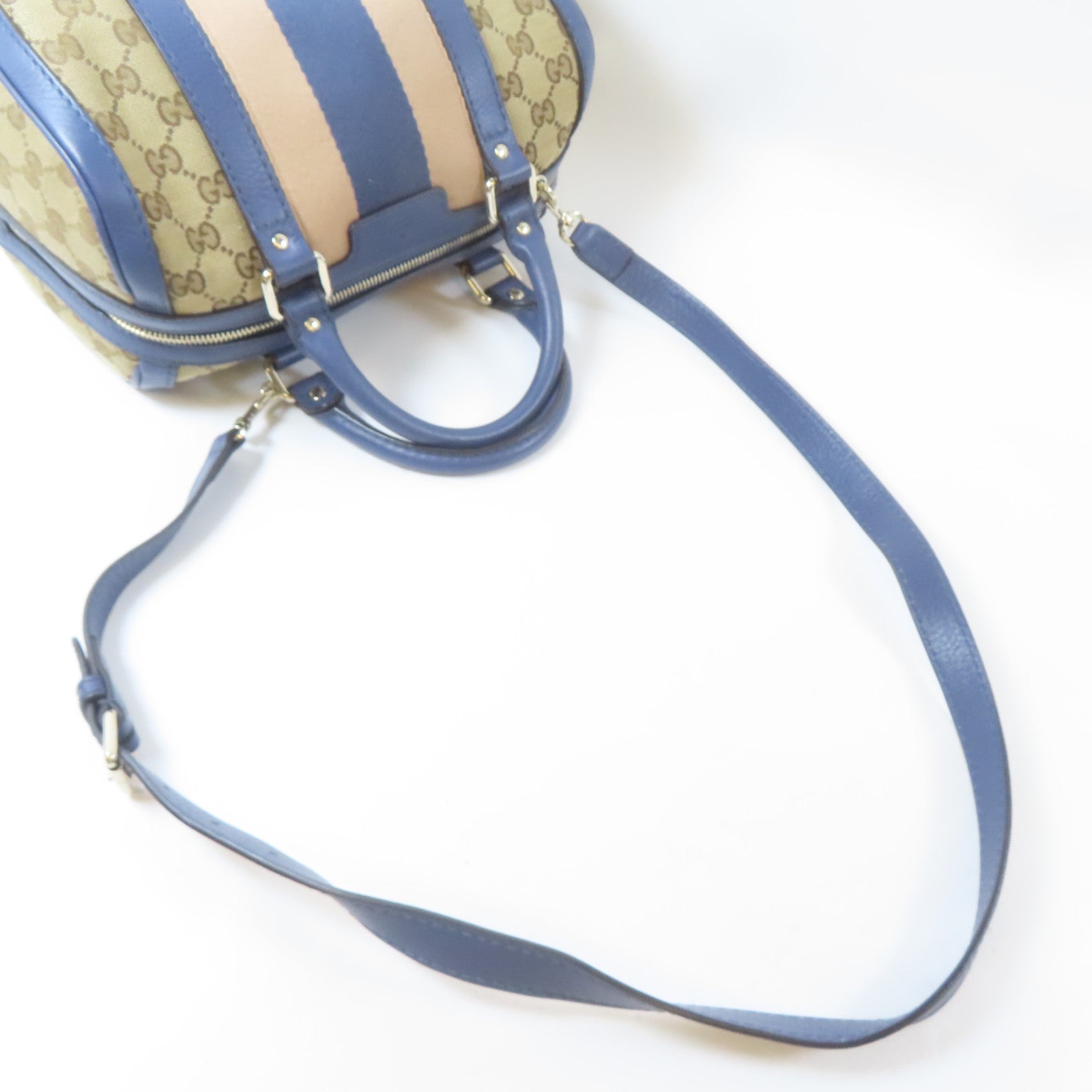 GUCCI 帆布Boston Handbag金扣手挽肩背兩用袋啡色/藍色